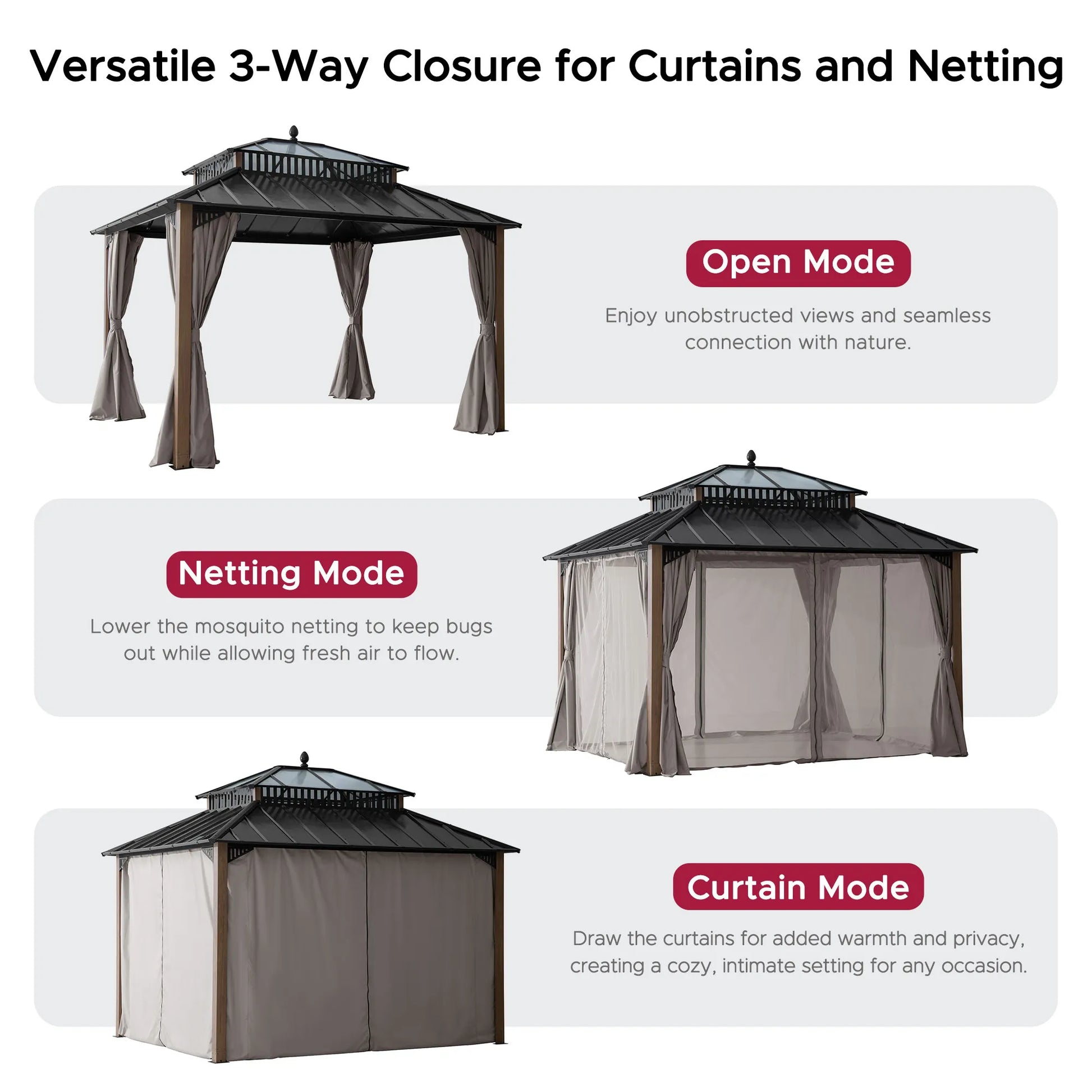 Mazonvintage Kingston 12x10 Gazebo with Netting & Curtain | Steel & PC Roof - Woodgrain Aluminum Posts