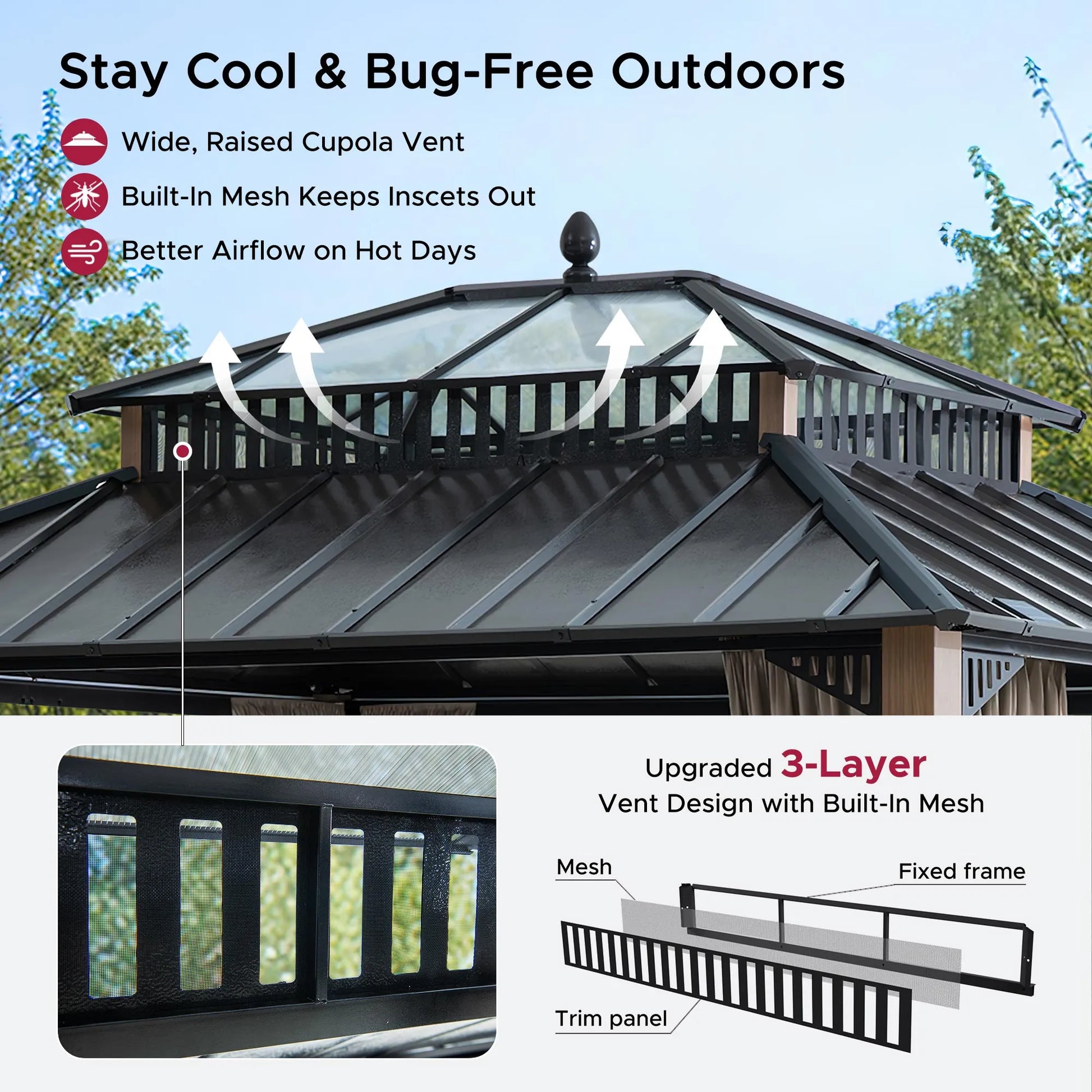 Mazonvintage Kingston 12x10 Gazebo with Netting & Curtain | Steel & PC Roof - Woodgrain Aluminum Posts
