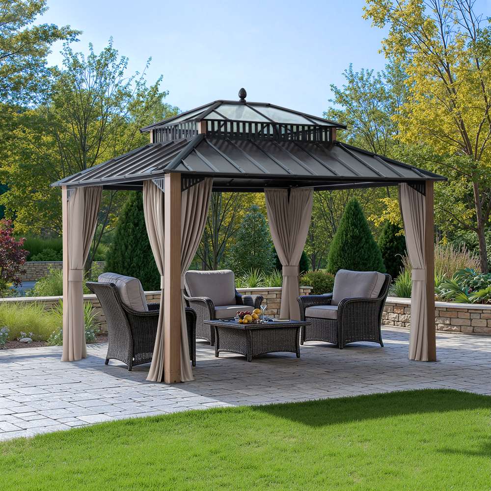Mazonvintage Kingston 12x10 Gazebo with Netting & Curtain | Steel & PC Roof - Woodgrain Aluminum Posts