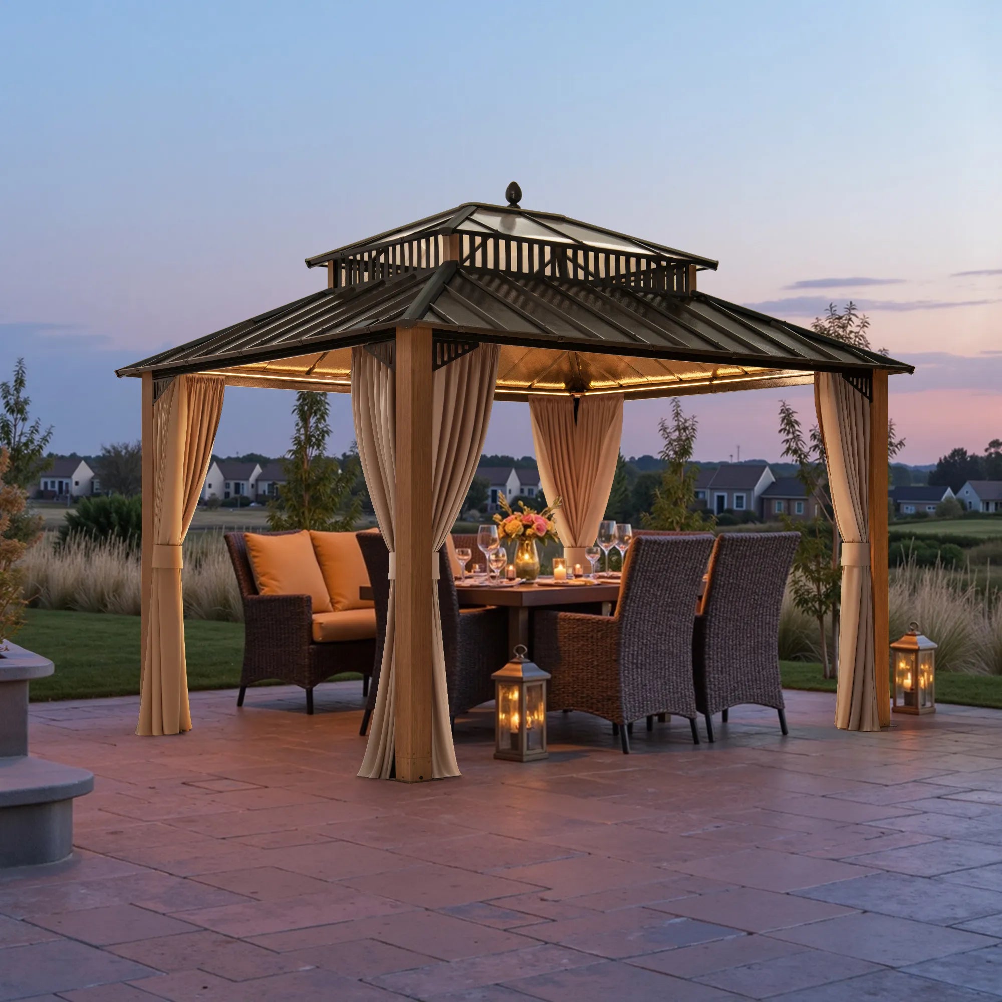 Mazonvintage Kingston 12x10 Gazebo with Netting & Curtain | Steel & PC Roof - Woodgrain Aluminum Posts