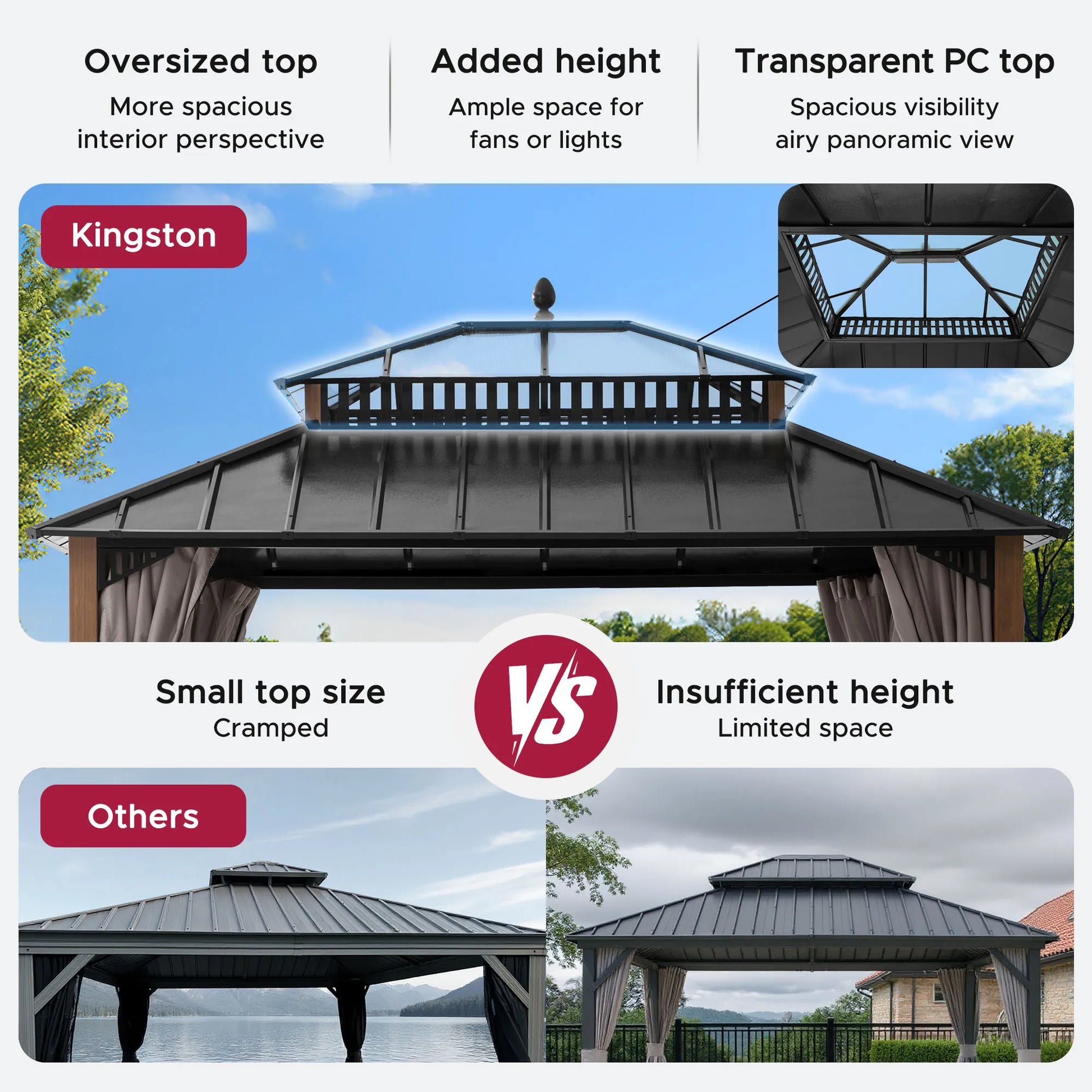 Mazonvintage Kingston 12x10 Gazebo with Netting & Curtain | Steel & PC Roof - Woodgrain Aluminum Posts
