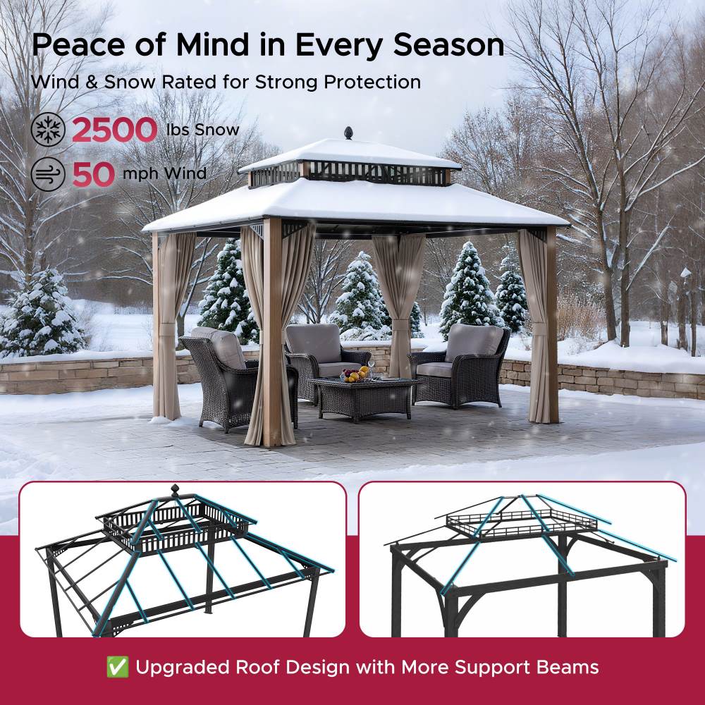 Mazonvintage Kingston 12x10 Gazebo with Netting & Curtain | Steel & PC Roof - Woodgrain Aluminum Posts