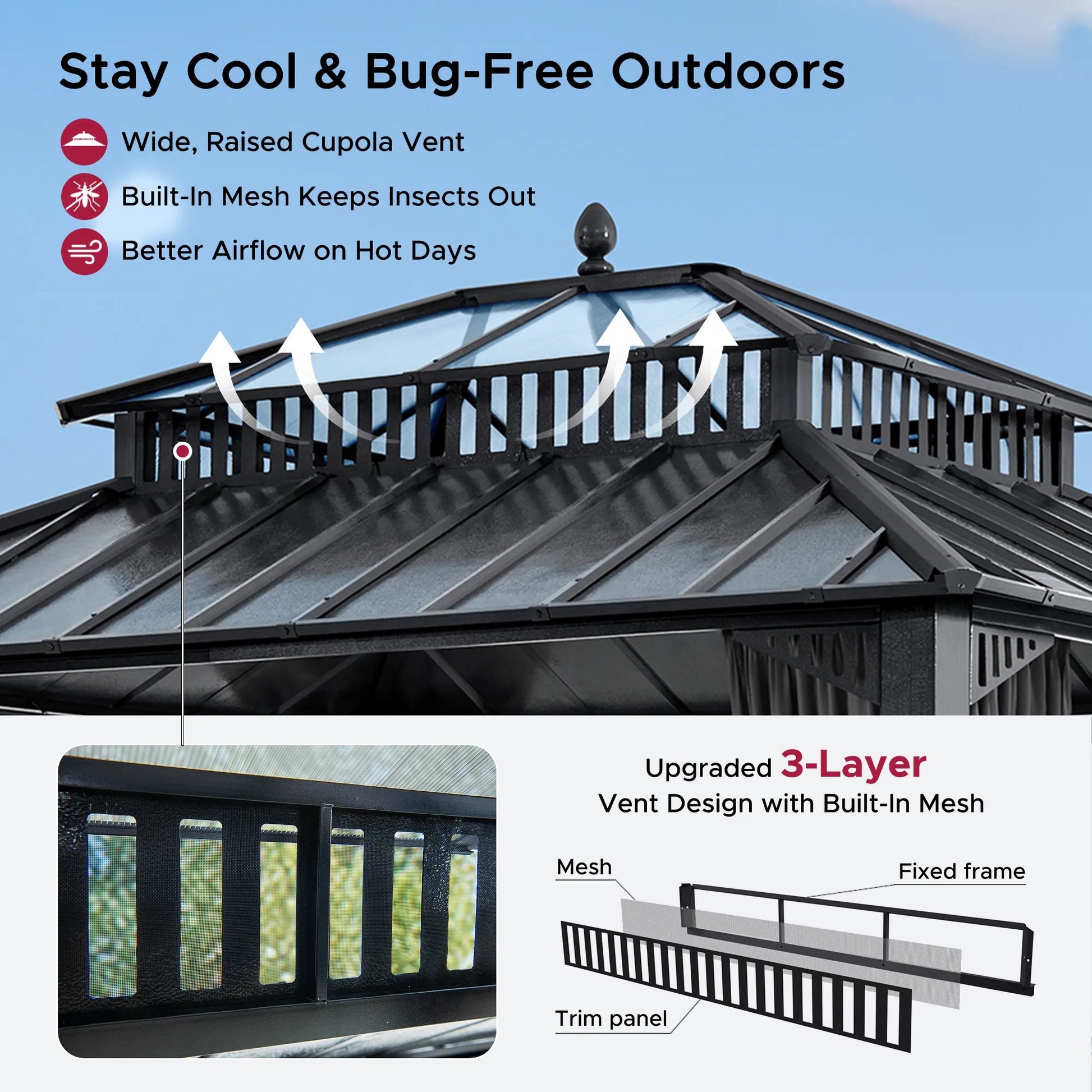 Mazonvintage Kingston 12x10 Gazebo with Netting & Curtain | Steel & PC Roof - Gray Aluminum Posts