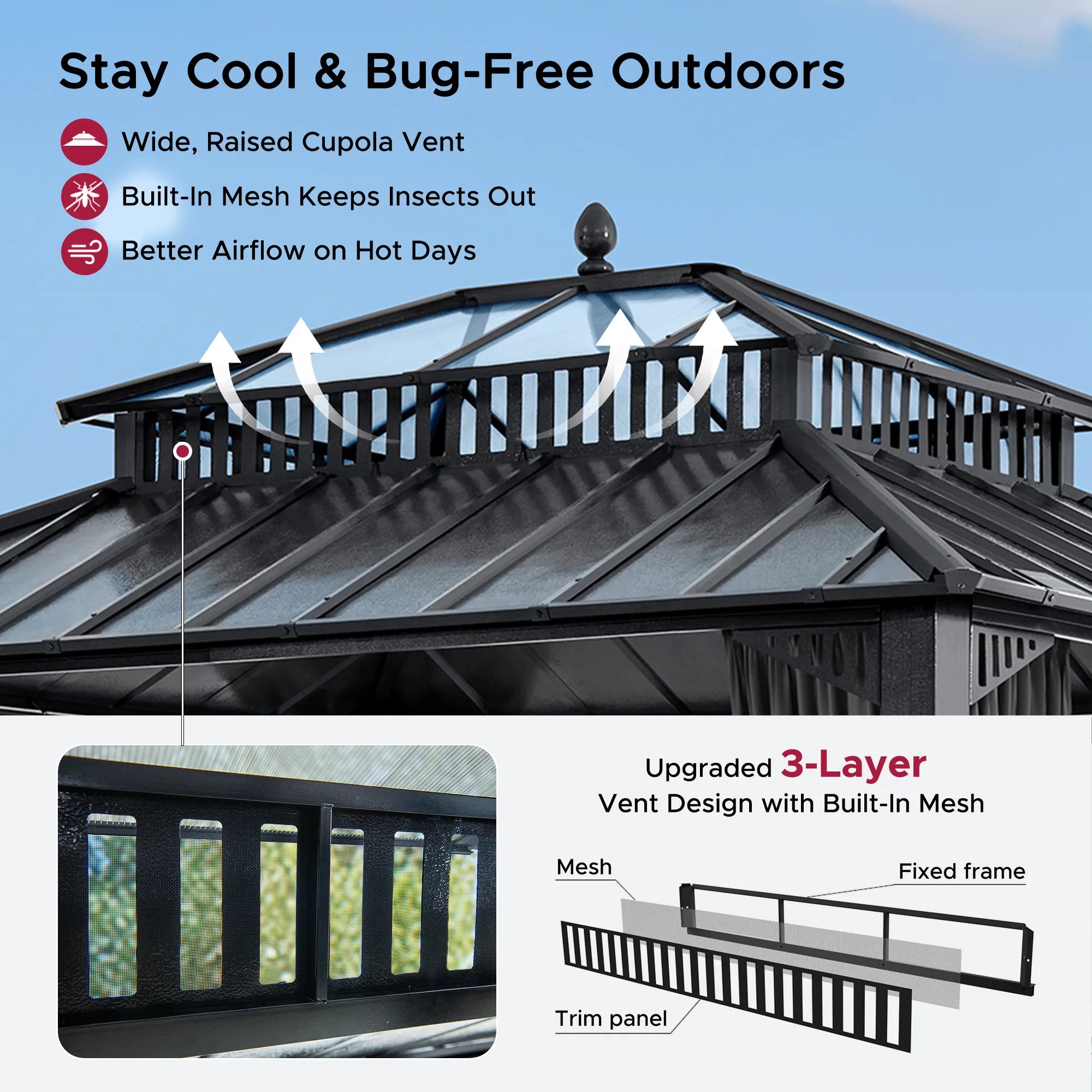 Mazonvintage Kingston 12x10 Gazebo with Netting & Curtain | Steel & PC Roof - Gray Aluminum Posts
