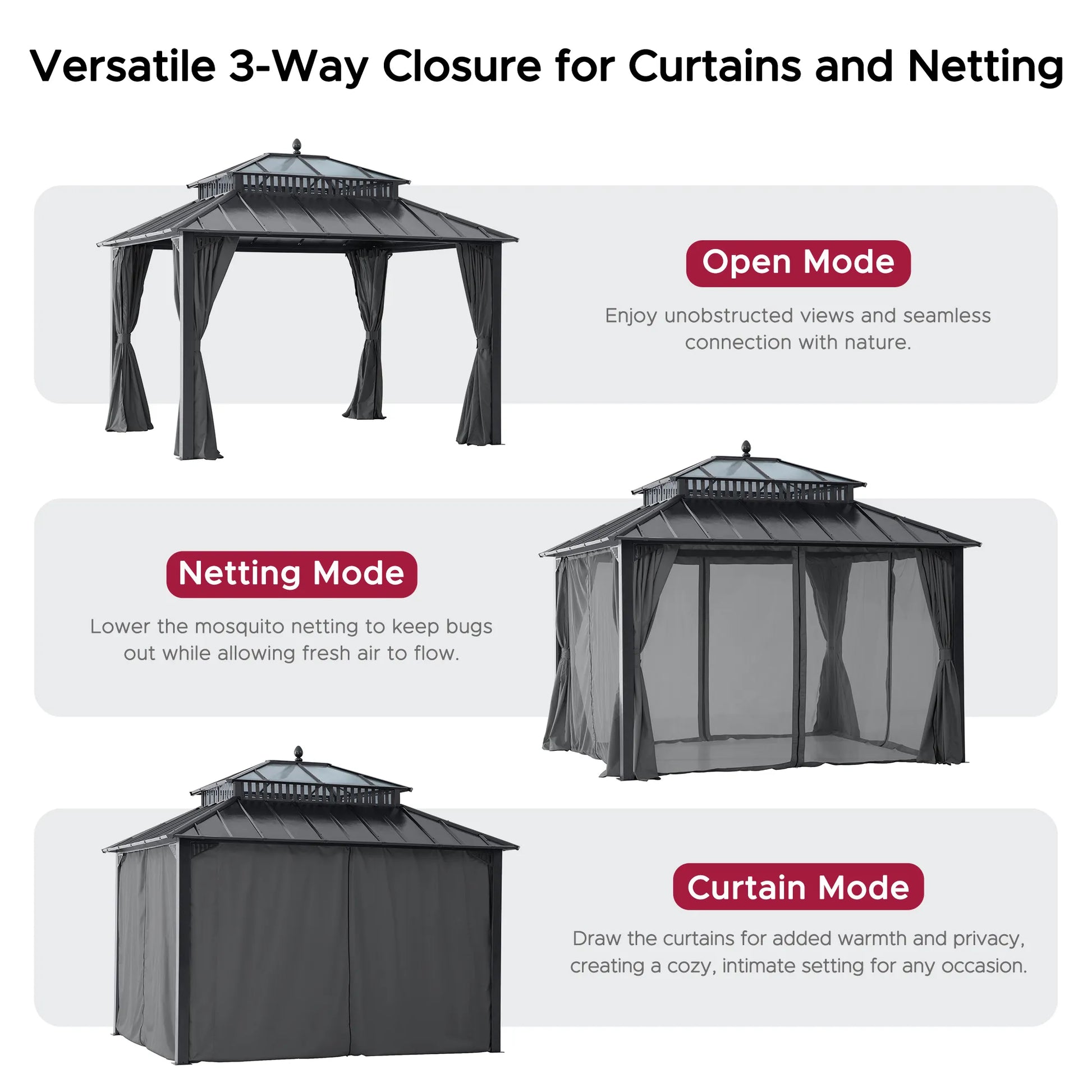 Mazonvintage Kingston 12x10 Gazebo with Netting & Curtain | Steel & PC Roof - Gray Aluminum Posts