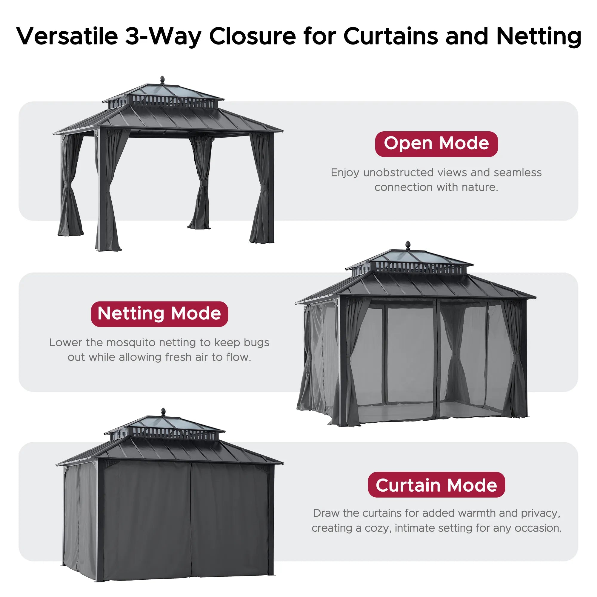 Mazonvintage Kingston 12x10 Gazebo with Netting & Curtain | Steel & PC Roof - Gray Aluminum Posts