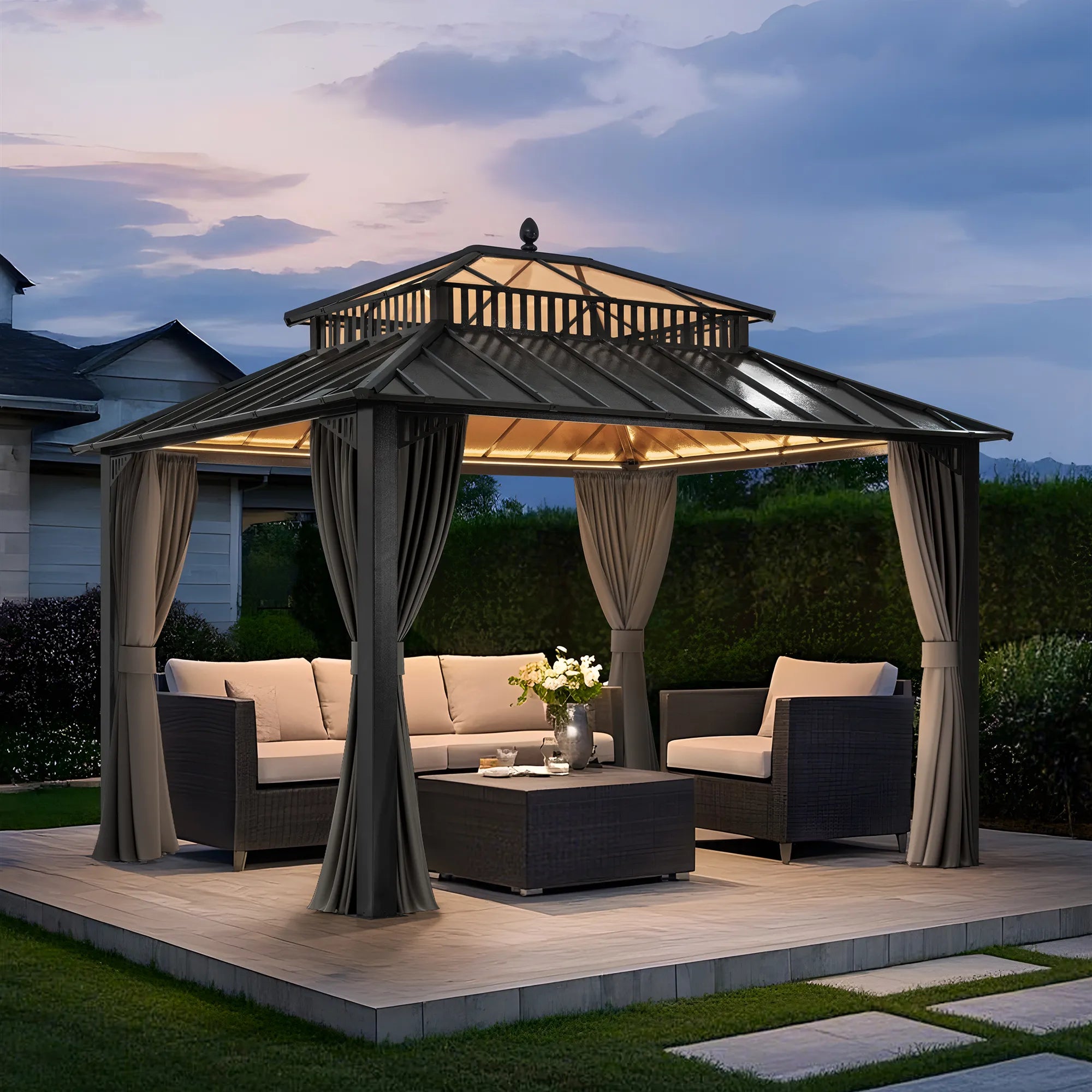 Mazonvintage Kingston 12x10 Gazebo with Netting & Curtain | Steel & PC Roof - Gray Aluminum Posts