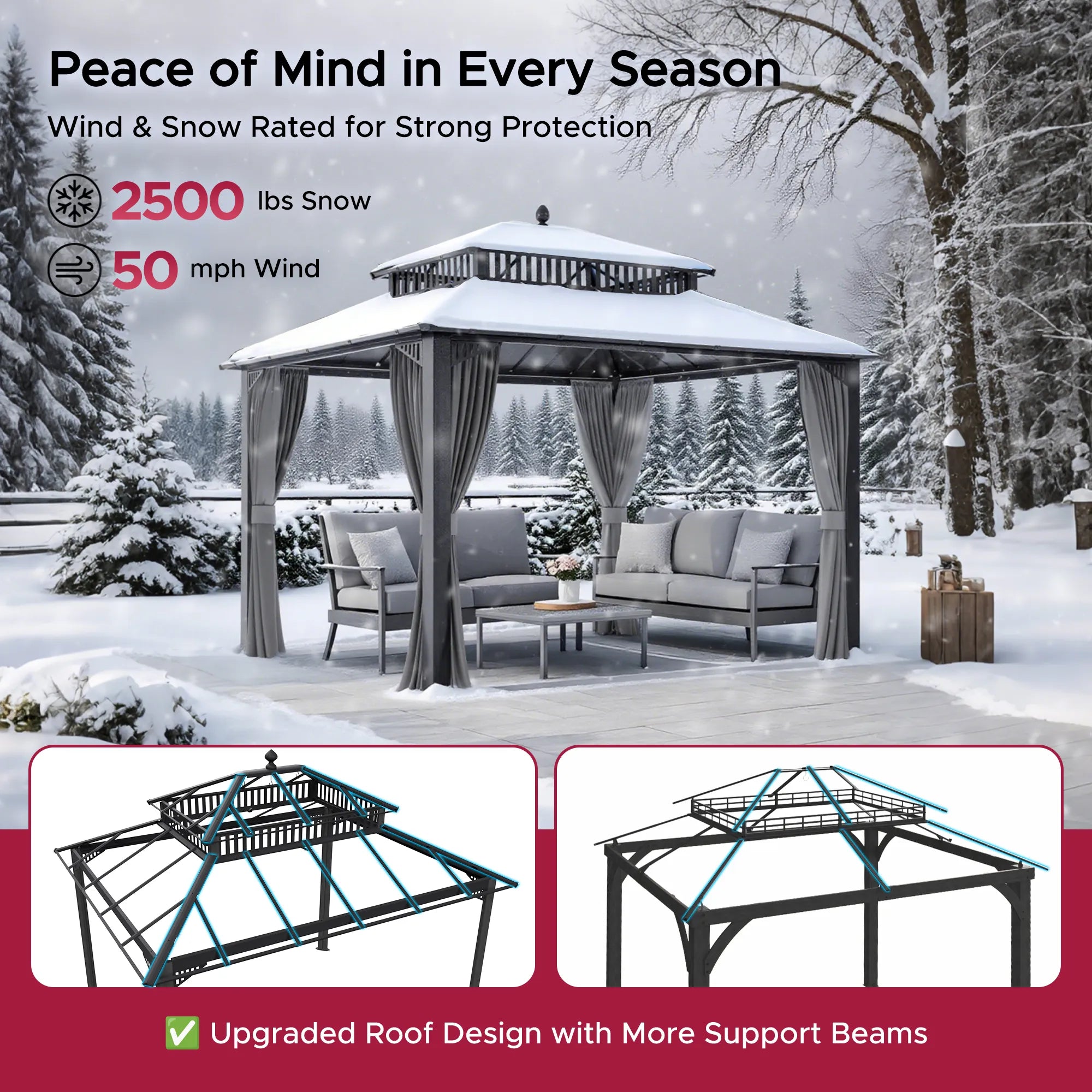 Mazonvintage Kingston 12x10 Gazebo with Netting & Curtain | Steel & PC Roof - Gray Aluminum Posts