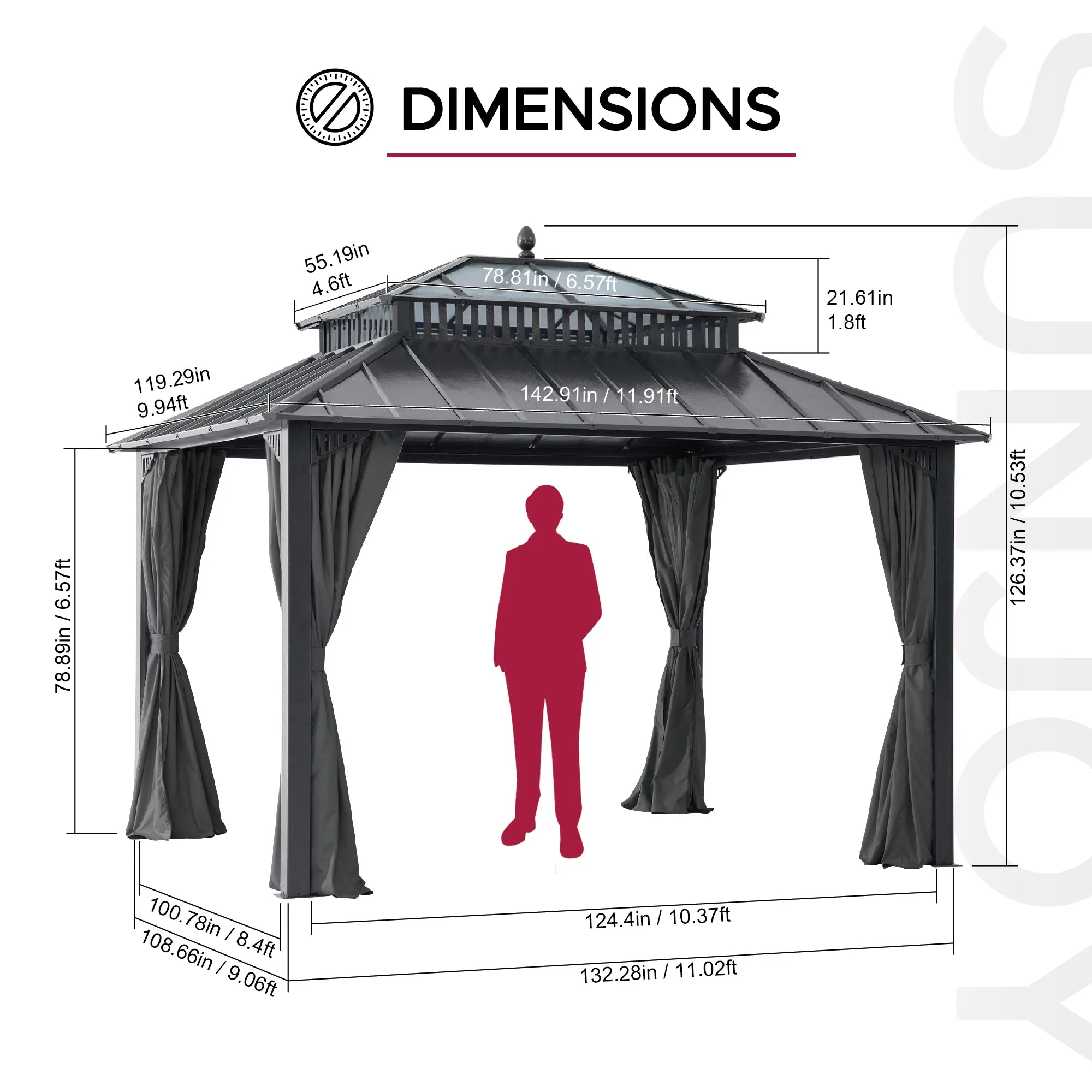 Mazonvintage Kingston 12x10 Gazebo with Netting & Curtain | Steel & PC Roof - Gray Aluminum Posts