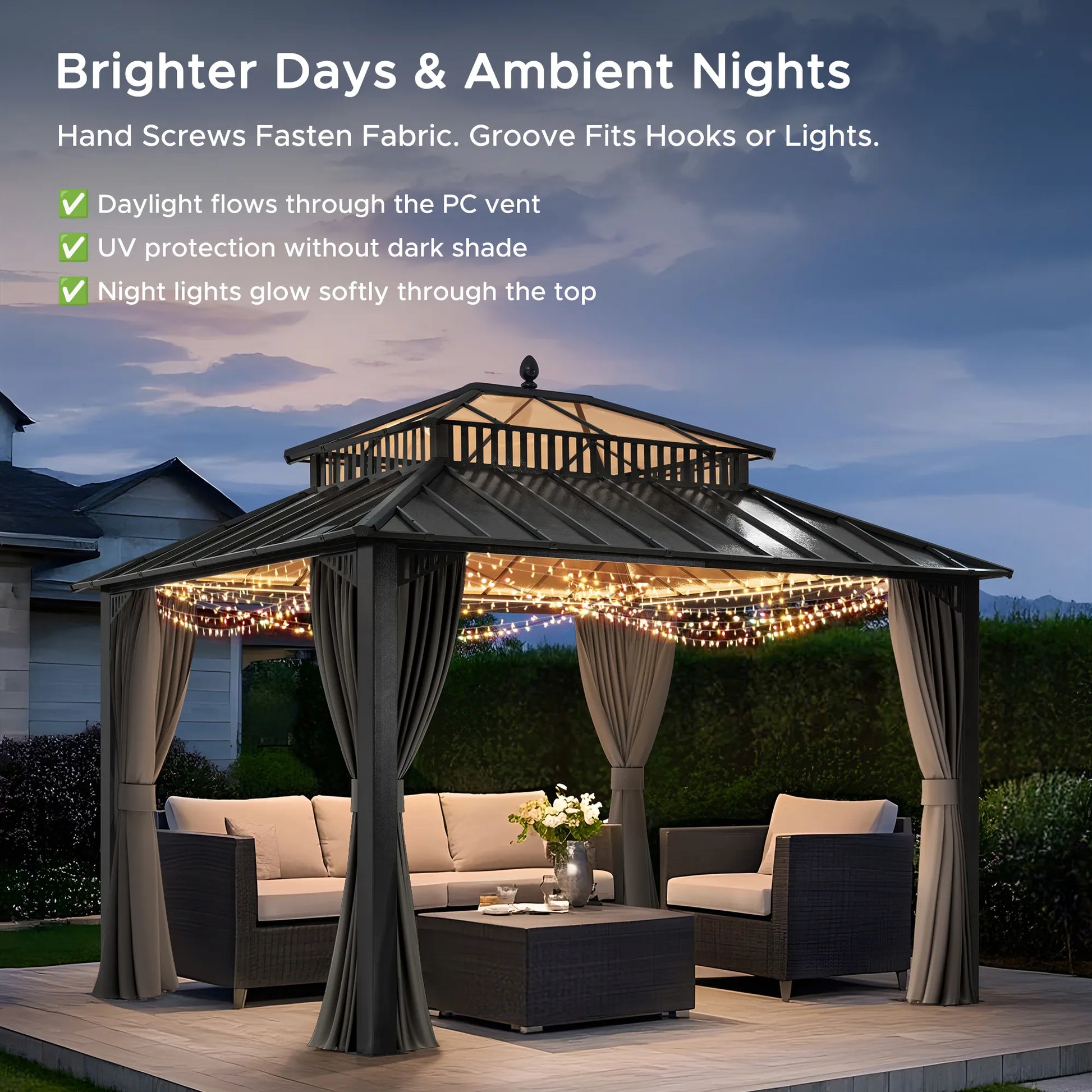 Mazonvintage Kingston 12x10 Gazebo with Netting & Curtain | Steel & PC Roof - Gray Aluminum Posts