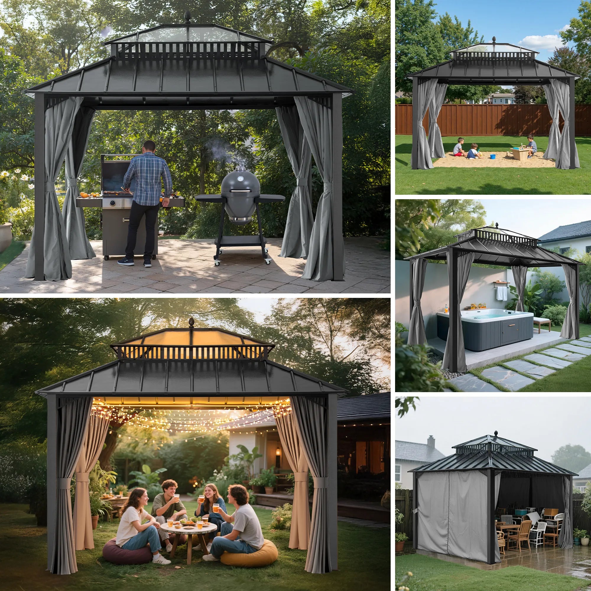 Mazonvintage Kingston 12x10 Gazebo with Netting & Curtain | Steel & PC Roof - Gray Aluminum Posts