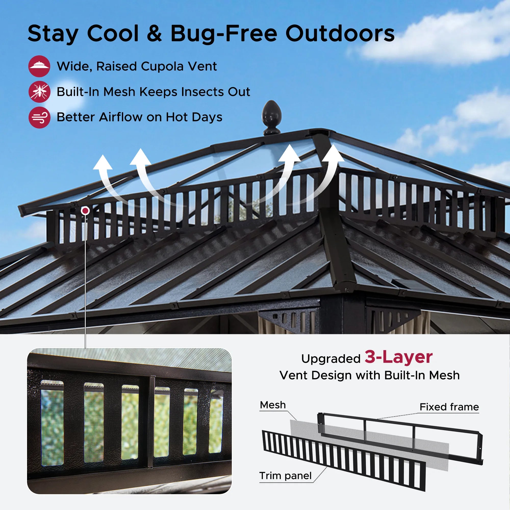 Mazonvintage Kingston 12x10 Gazebo with Netting & Curtain | Steel & PC Roof - Brown Aluminum Posts