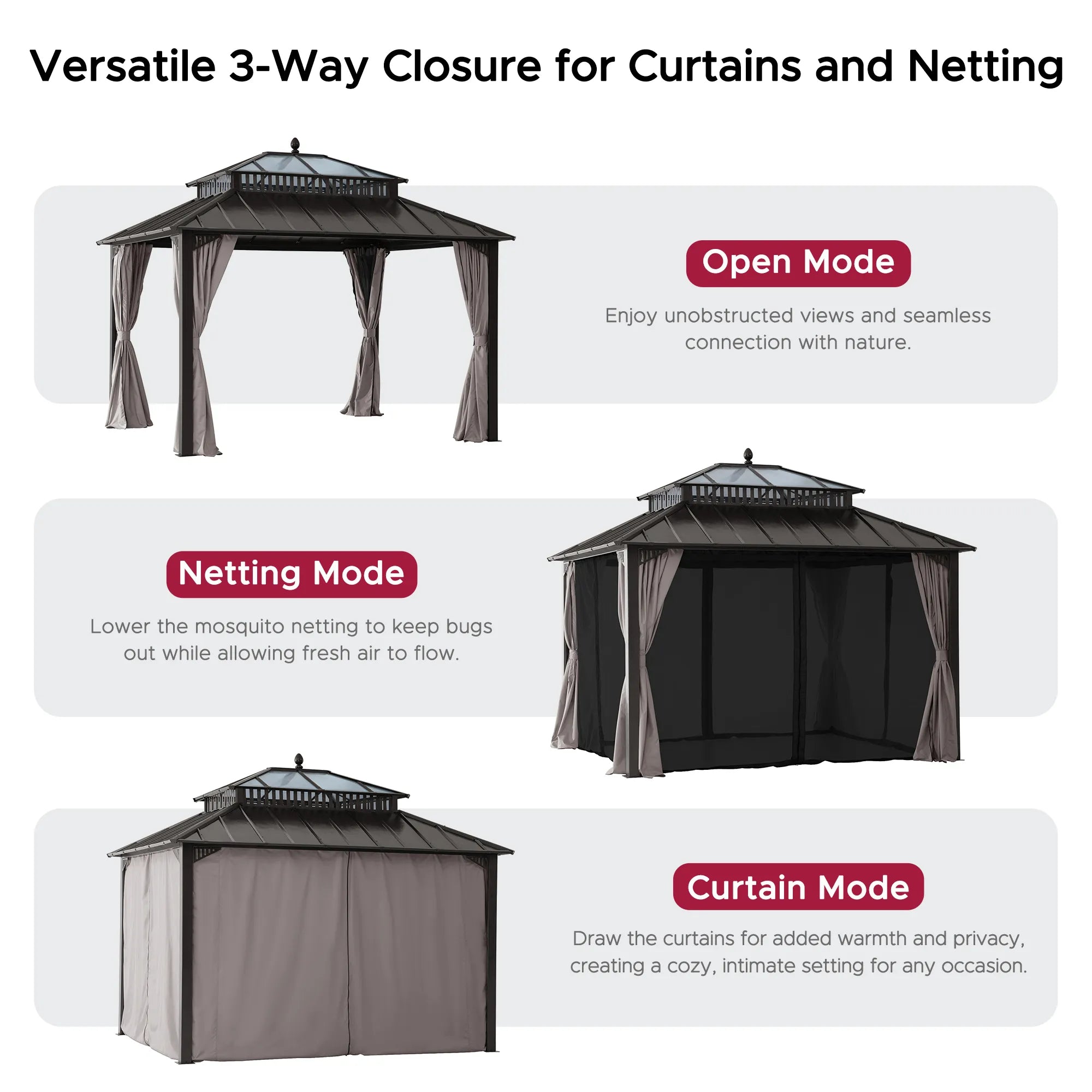 Mazonvintage Kingston 12x10 Gazebo with Netting & Curtain | Steel & PC Roof - Brown Aluminum Posts