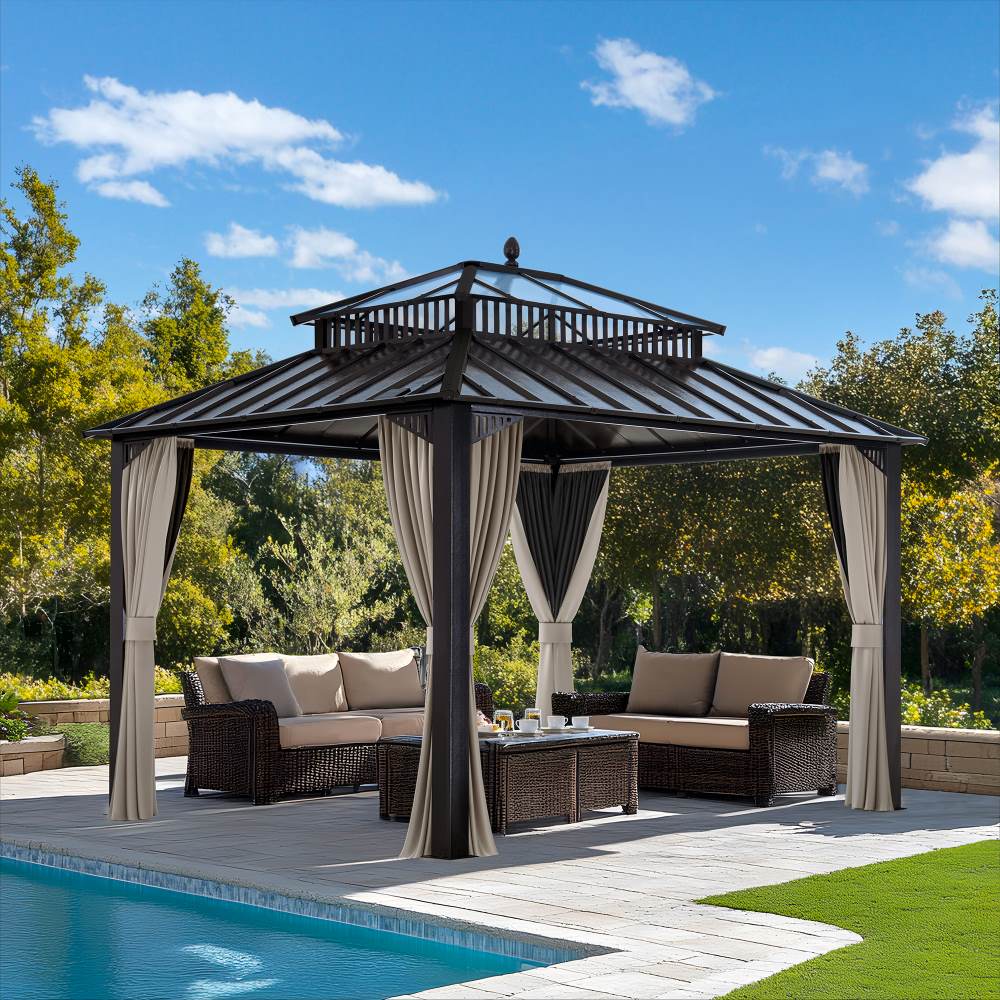 Mazonvintage Kingston 12x10 Gazebo with Netting & Curtain | Steel & PC Roof - Brown Aluminum Posts