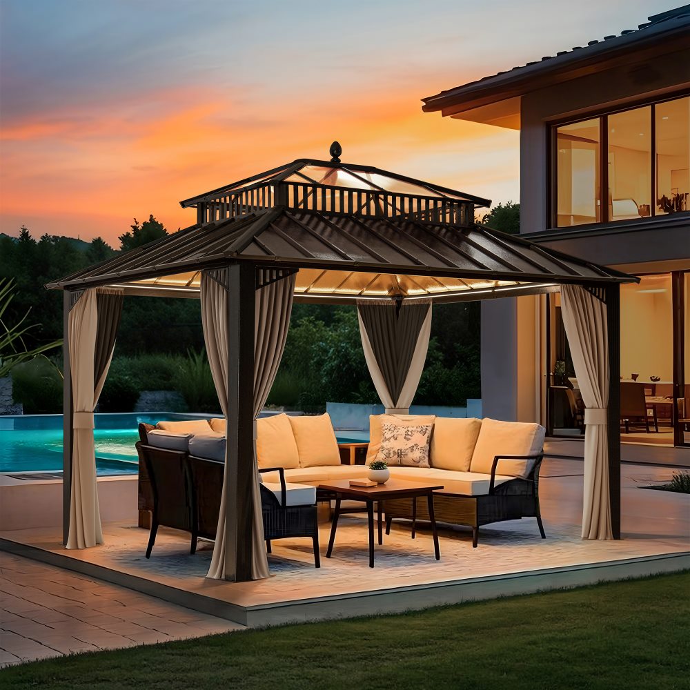 Mazonvintage Kingston 12x10 Gazebo with Netting & Curtain | Steel & PC Roof - Brown Aluminum Posts