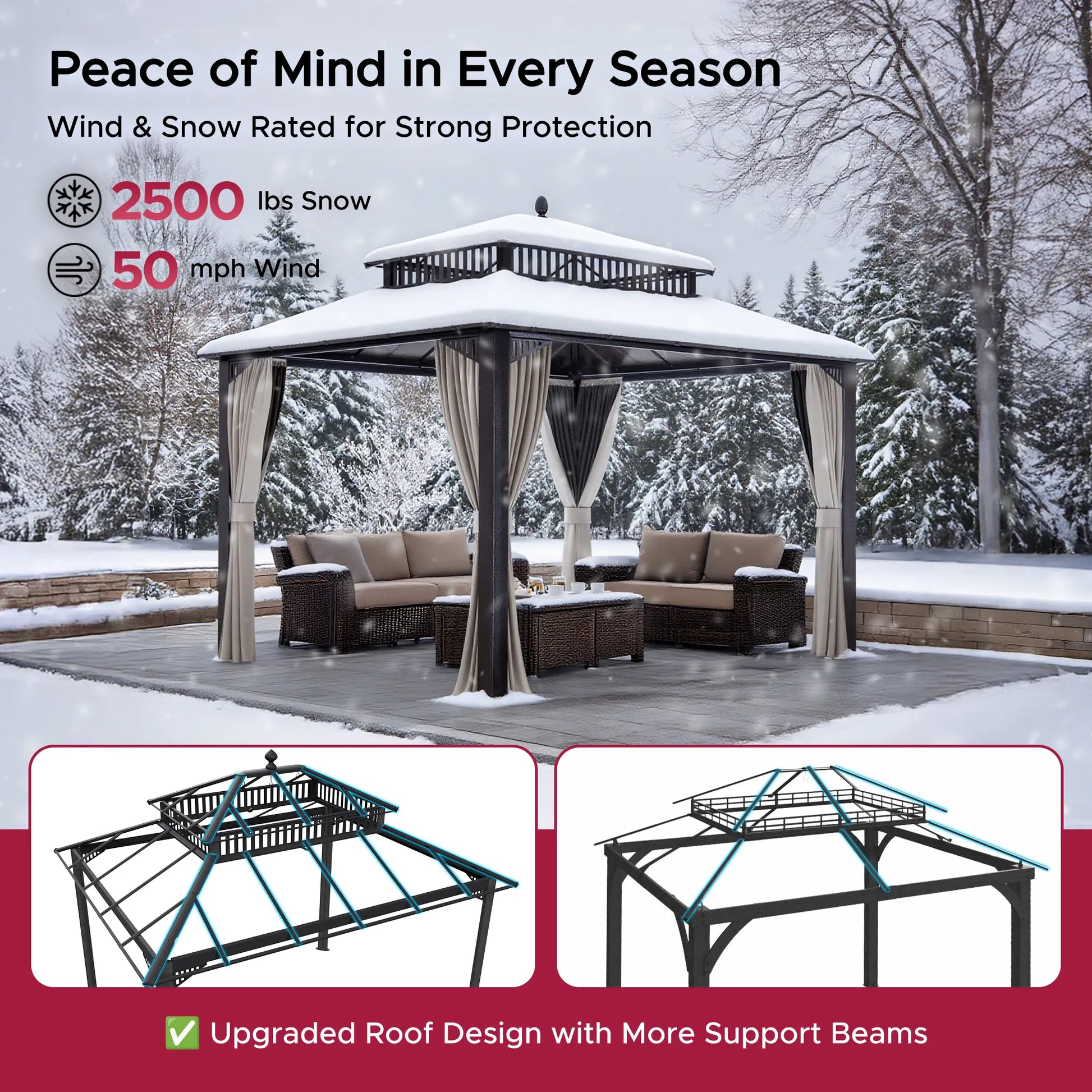 Mazonvintage Kingston 12x10 Gazebo with Netting & Curtain | Steel & PC Roof - Brown Aluminum Posts
