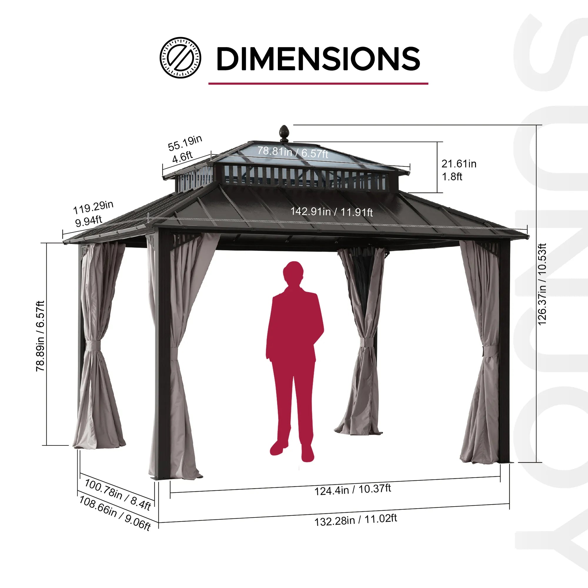 Mazonvintage Kingston 12x10 Gazebo with Netting & Curtain | Steel & PC Roof - Brown Aluminum Posts