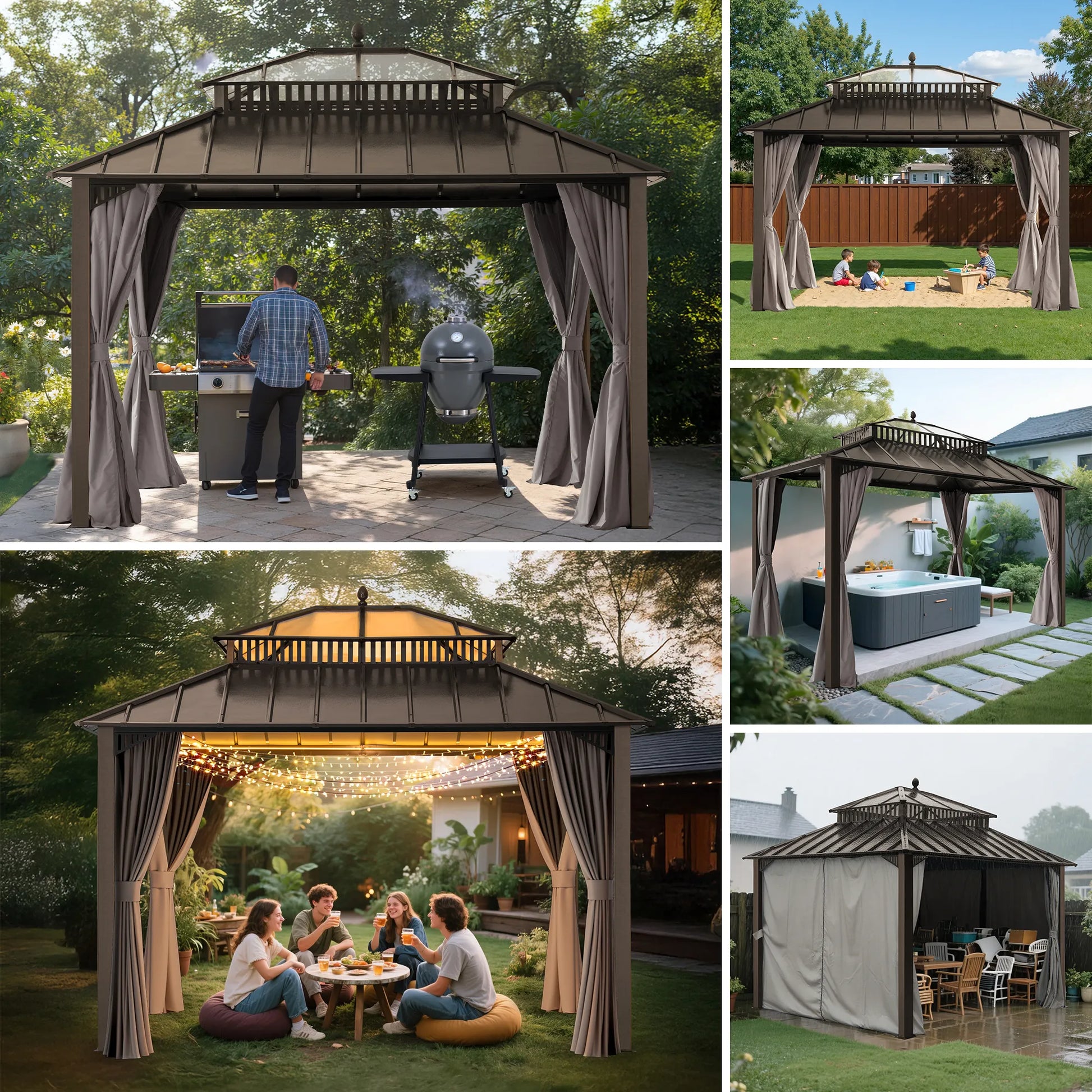 Mazonvintage Kingston 12x10 Gazebo with Netting & Curtain | Steel & PC Roof - Brown Aluminum Posts