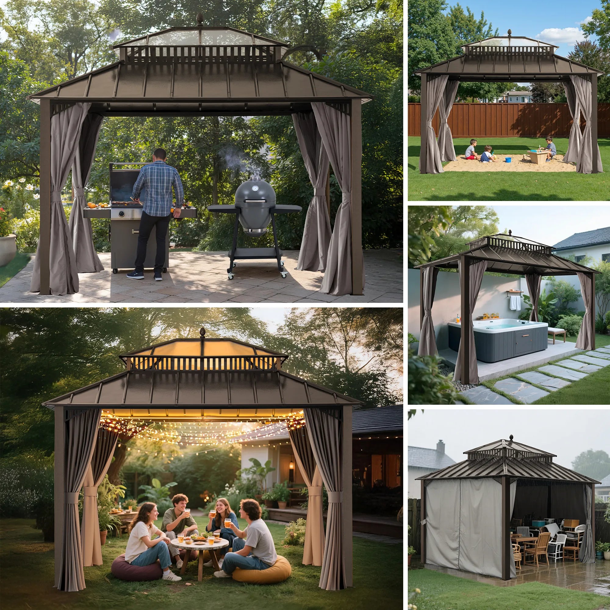 Mazonvintage Kingston 12x10 Gazebo with Netting & Curtain | Steel & PC Roof - Brown Aluminum Posts