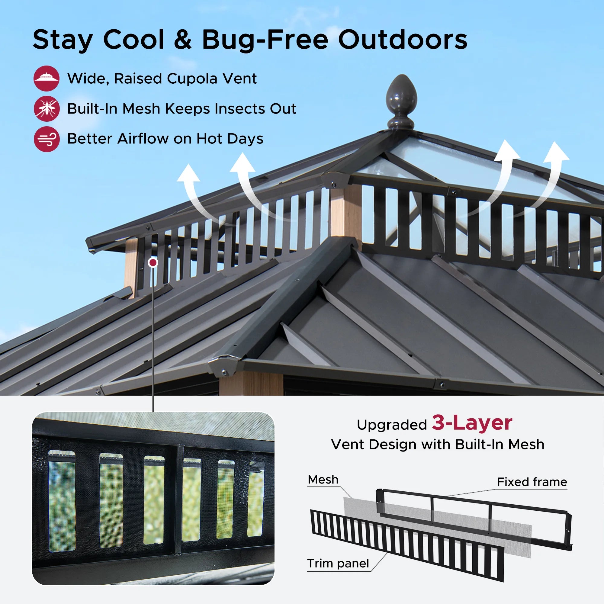 Mazonvintage Kingston 10x10 Gazebo with Netting & Curtain | Steel & PC Roof - Woodgrain Aluminum Posts