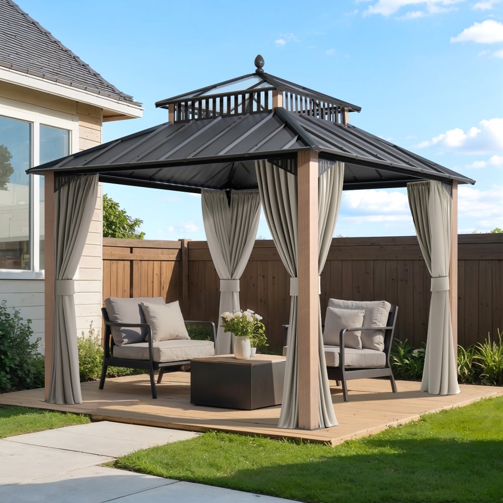 Mazonvintage Kingston 10x10 Gazebo with Netting & Curtain | Steel & PC Roof - Woodgrain Aluminum Posts