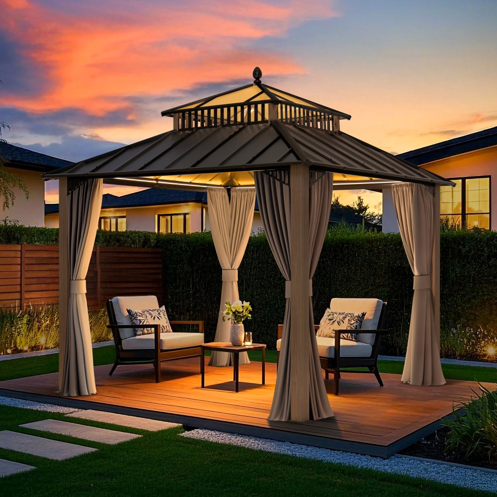 Mazonvintage Kingston 10x10 Gazebo with Netting & Curtain | Steel & PC Roof - Woodgrain Aluminum Posts