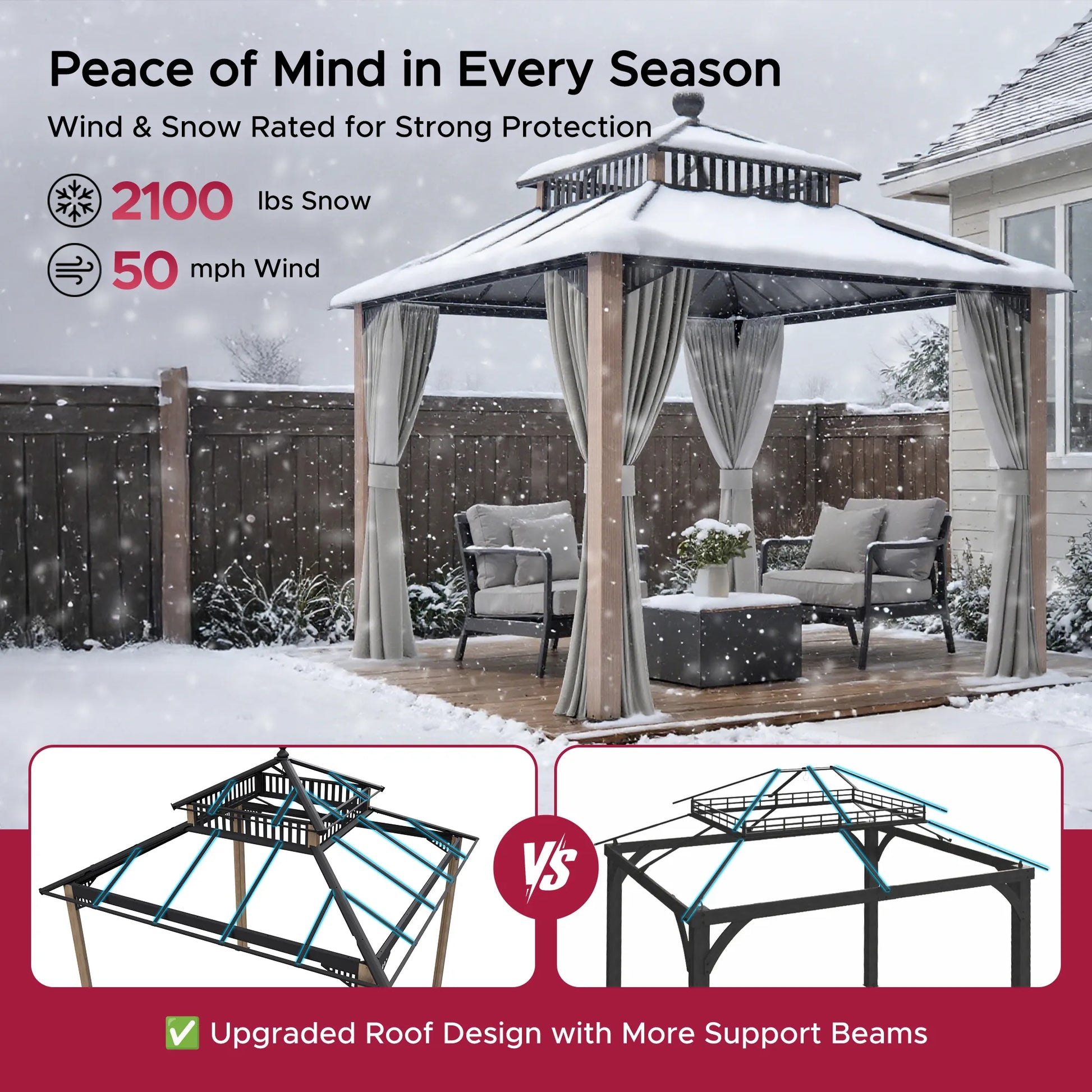 Mazonvintage Kingston 10x10 Gazebo with Netting & Curtain | Steel & PC Roof - Woodgrain Aluminum Posts