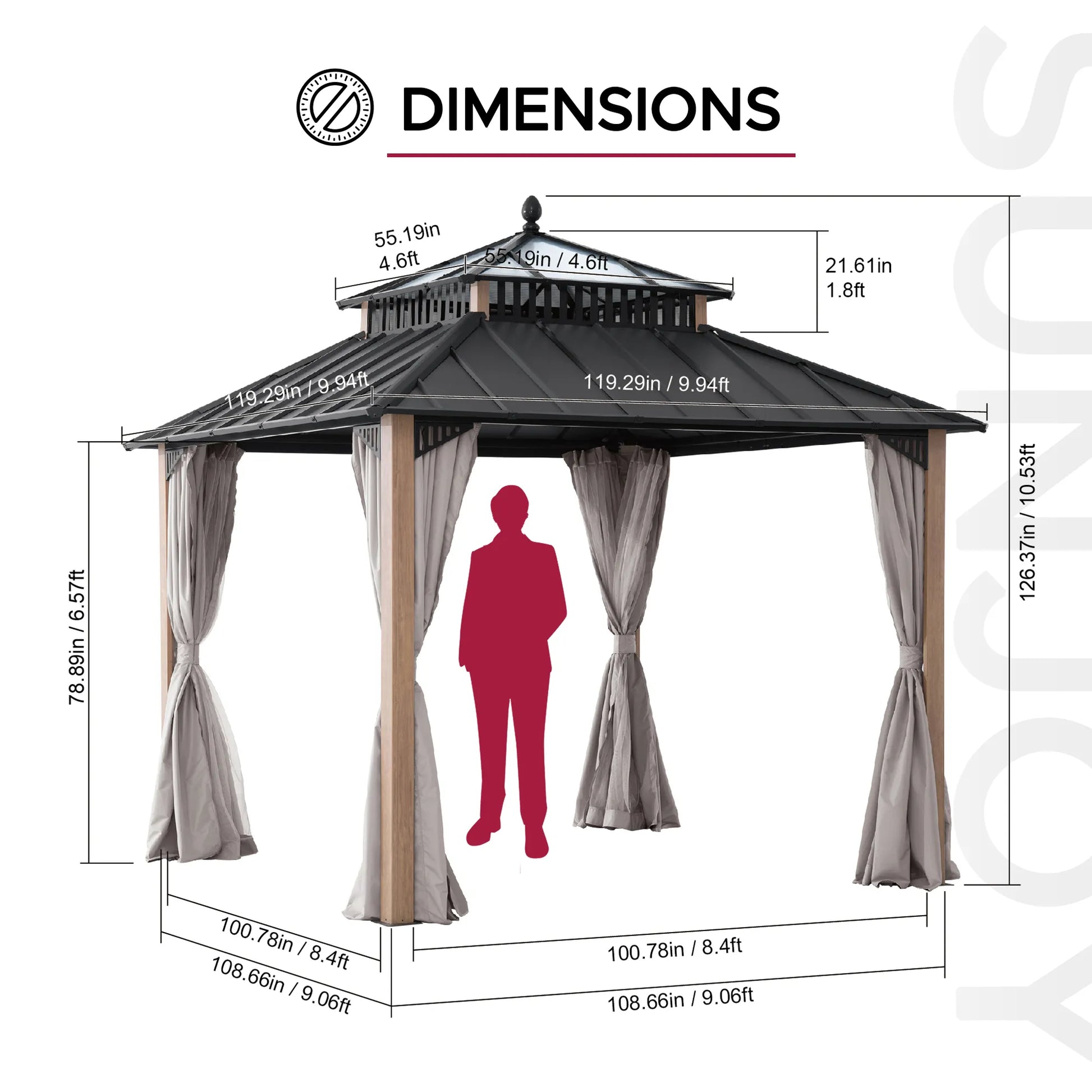Mazonvintage Kingston 10x10 Gazebo with Netting & Curtain | Steel & PC Roof - Woodgrain Aluminum Posts