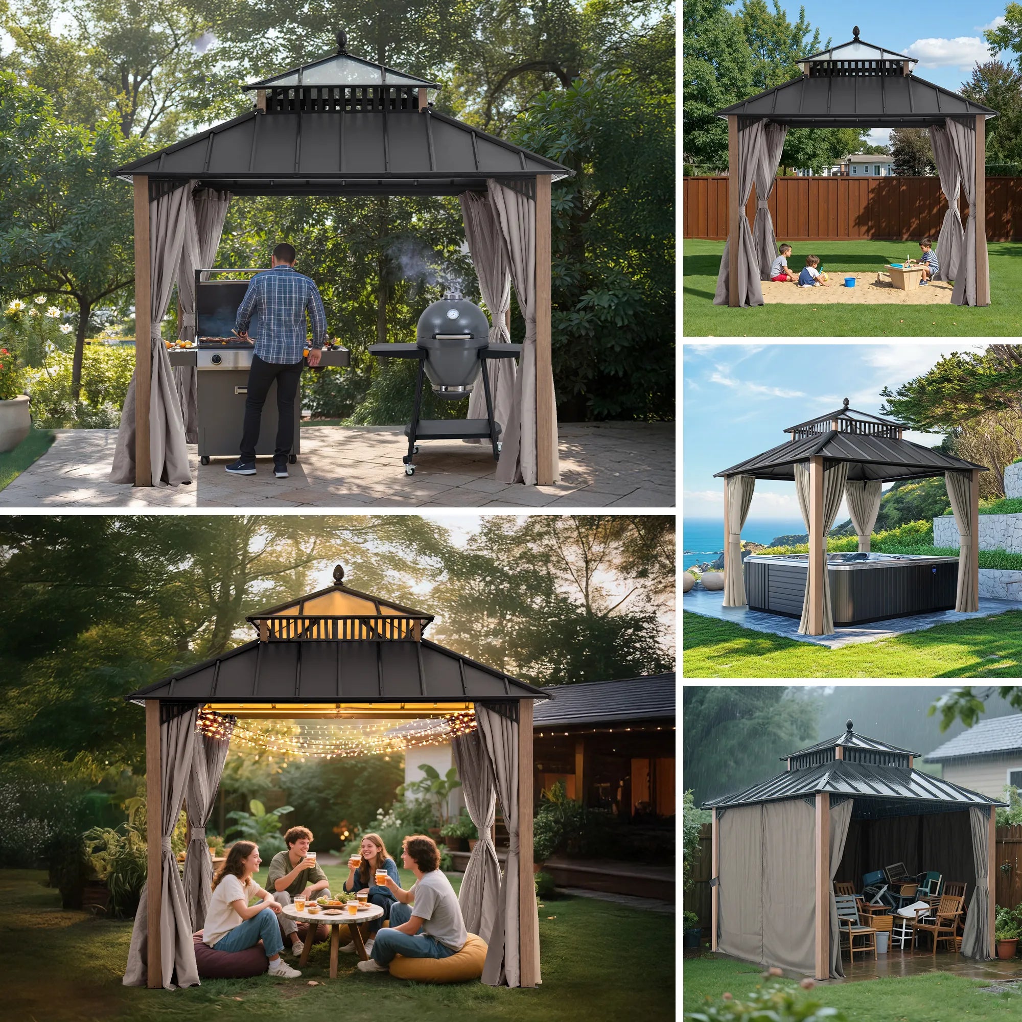 Mazonvintage Kingston 10x10 Gazebo with Netting & Curtain | Steel & PC Roof - Woodgrain Aluminum Posts