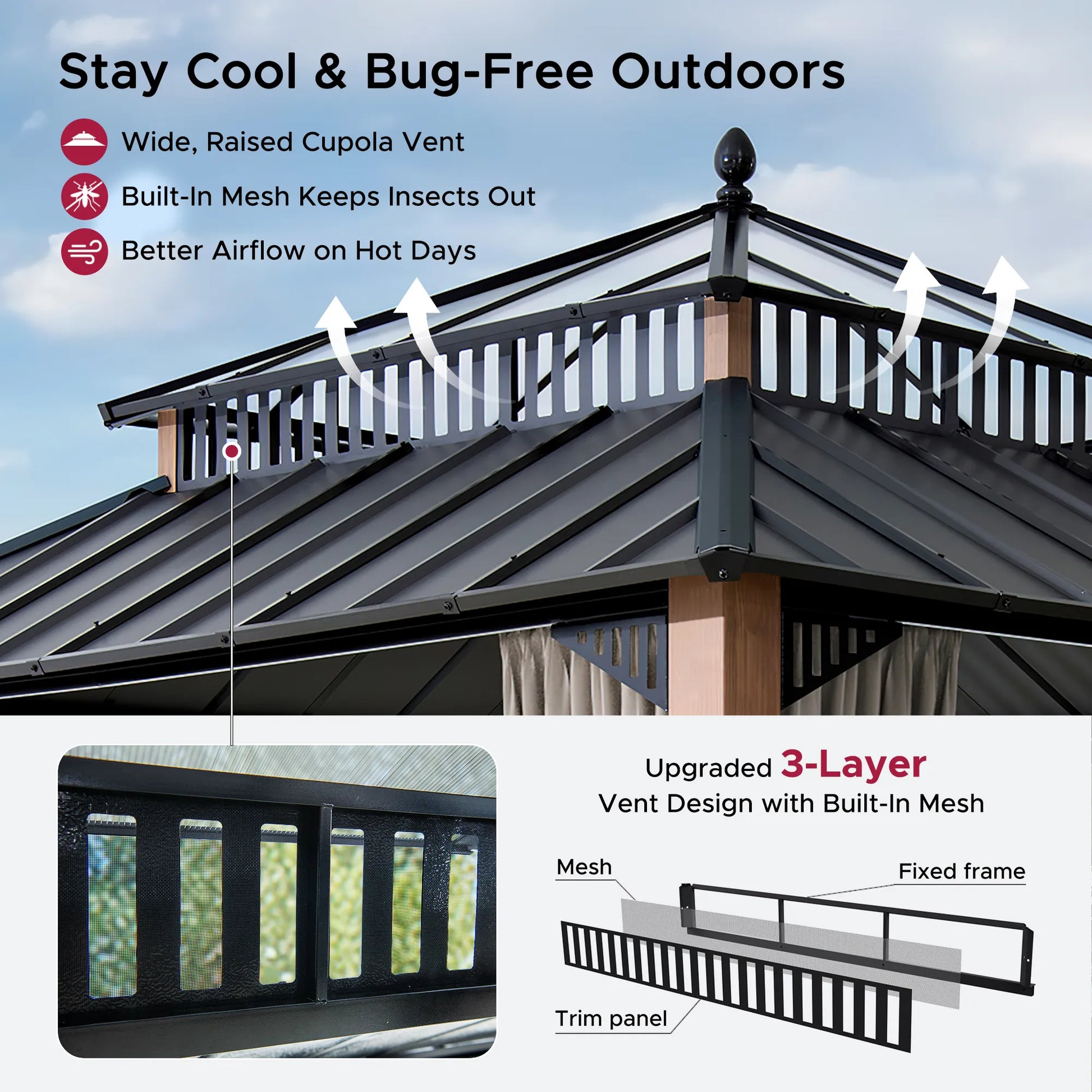 Mazonvintage Kingston 12x12 Gazebo with Netting & Curtain | Steel & PC Roof - Woodgrain Aluminum Posts
