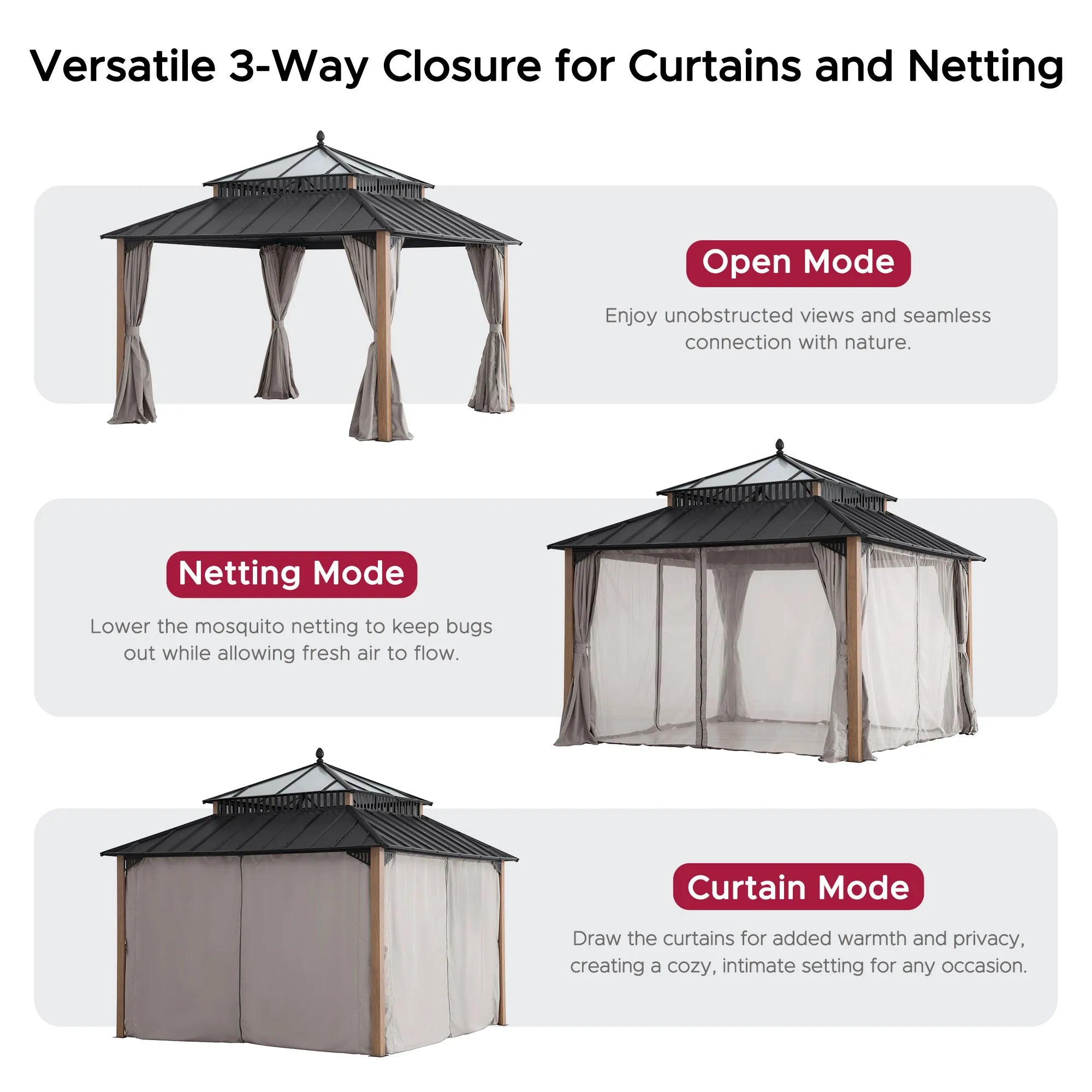 Mazonvintage Kingston 12x12 Gazebo with Netting & Curtain | Steel & PC Roof - Woodgrain Aluminum Posts