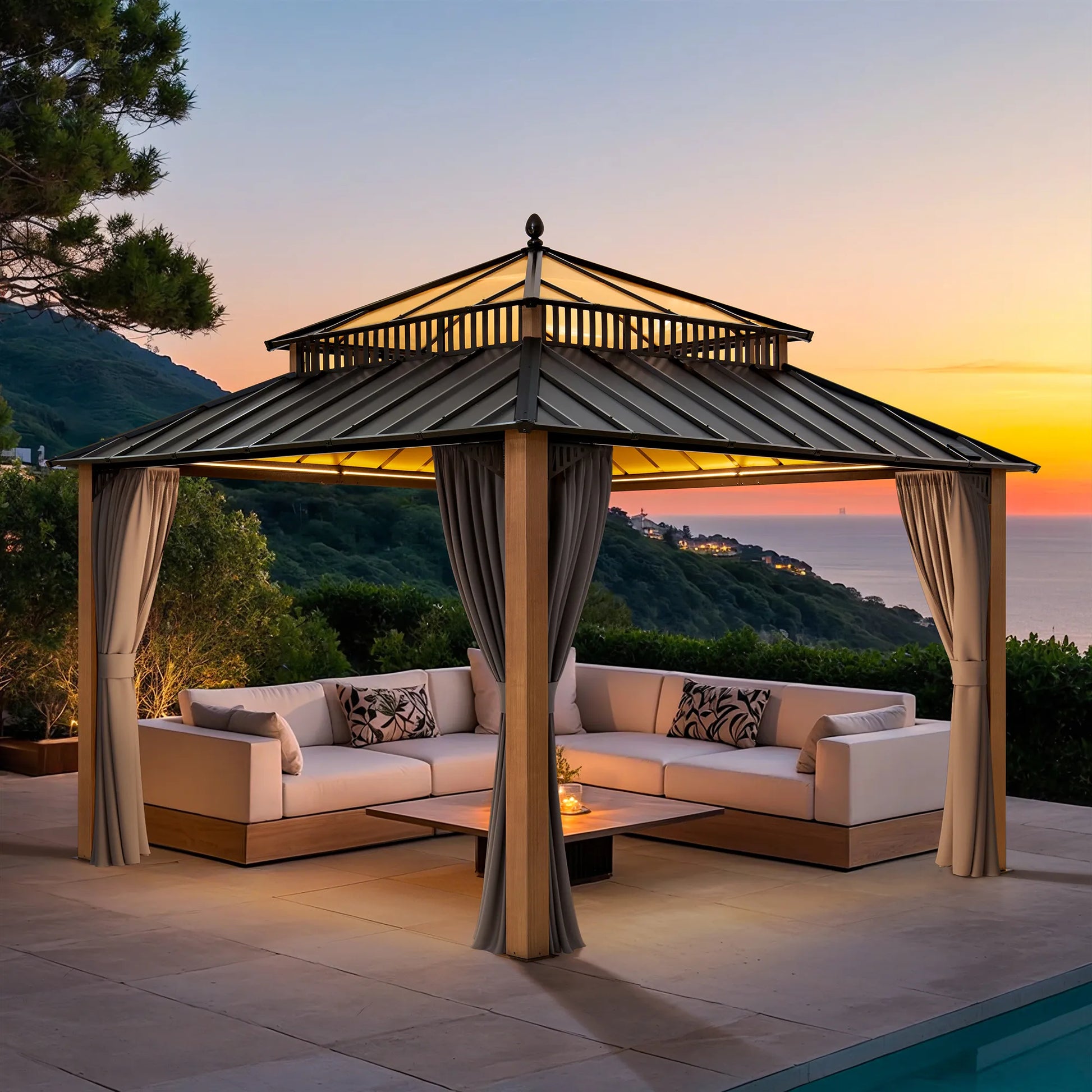 Mazonvintage Kingston 12x12 Gazebo with Netting & Curtain | Steel & PC Roof - Woodgrain Aluminum Posts