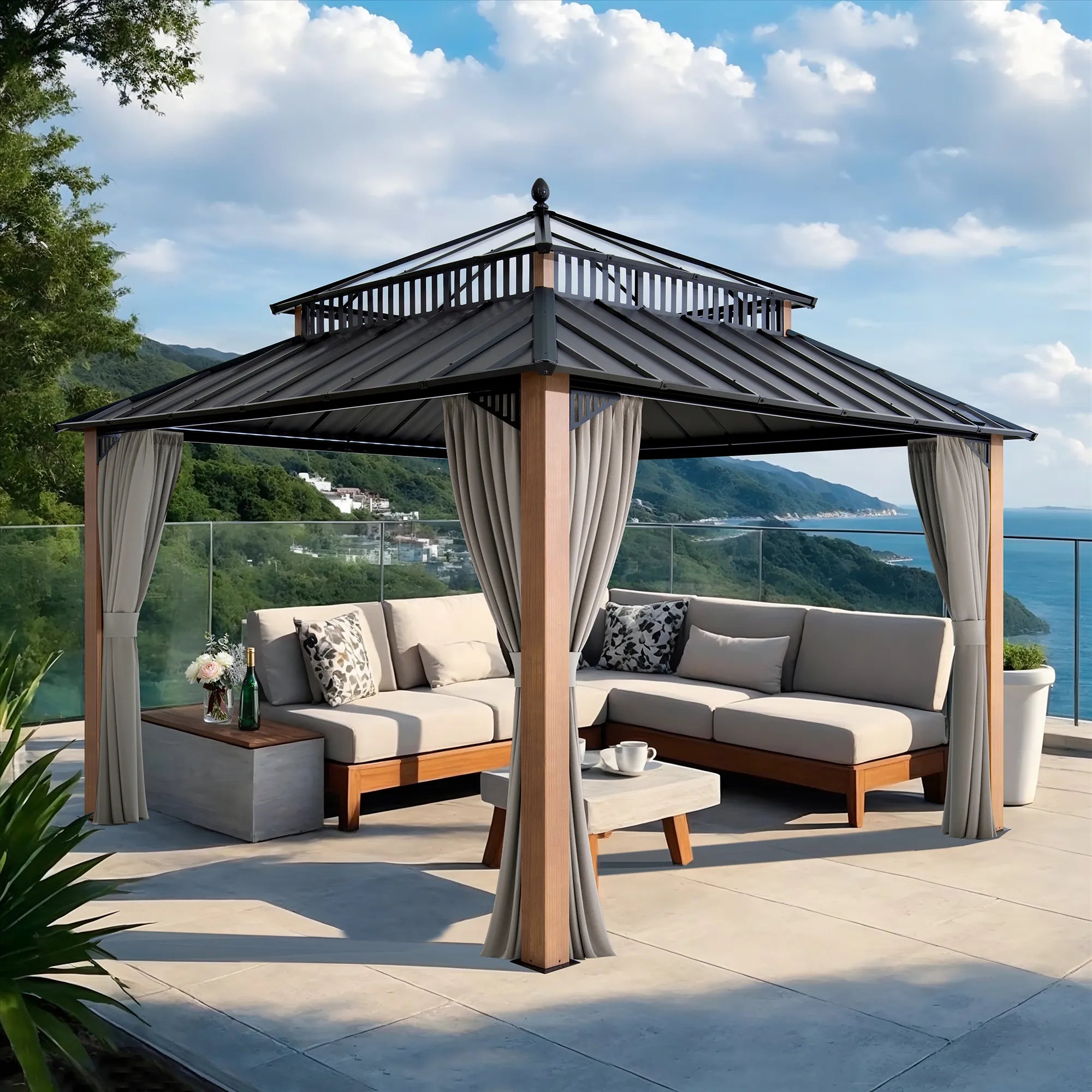 Mazonvintage Kingston 12x12 Gazebo with Netting & Curtain | Steel & PC Roof - Woodgrain Aluminum Posts