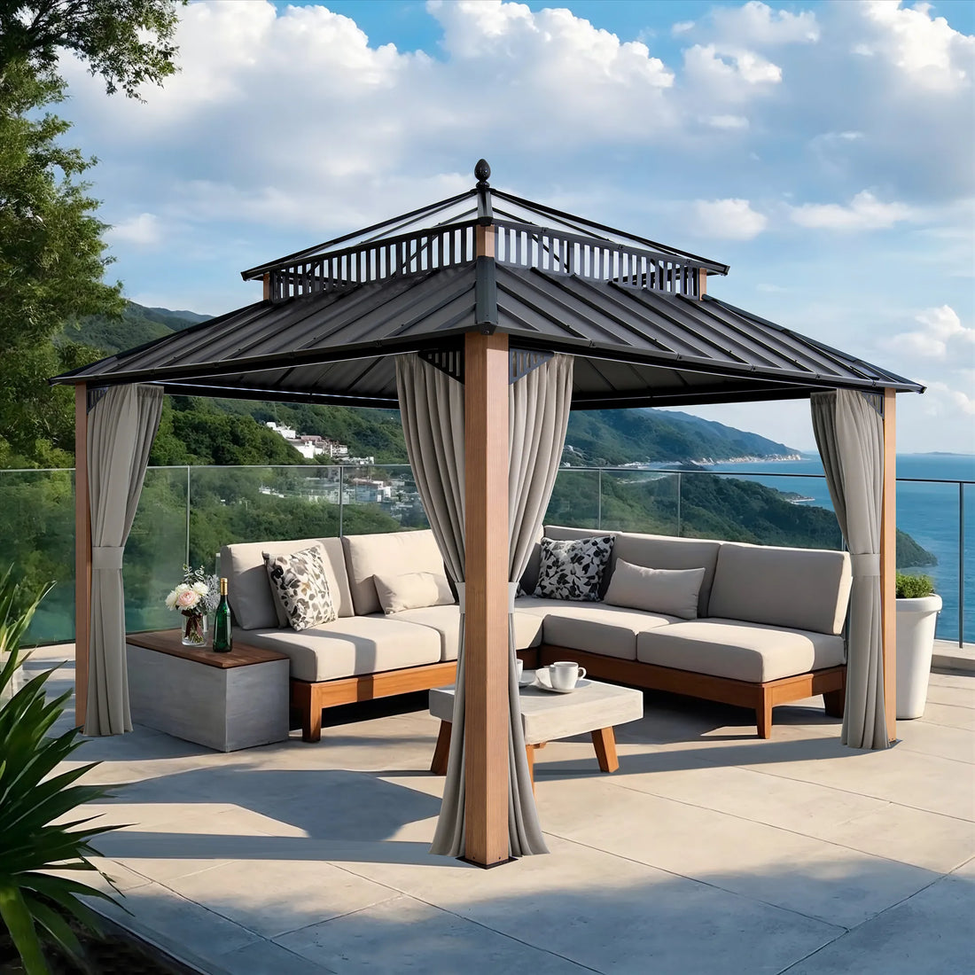 Mazonvintage Kingston 12x12 Gazebo with Netting & Curtain | Steel & PC Roof - Woodgrain Aluminum Posts