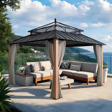 Mazonvintage Kingston 12x12 Gazebo with Netting & Curtain | Steel & PC Roof - Woodgrain Aluminum Posts