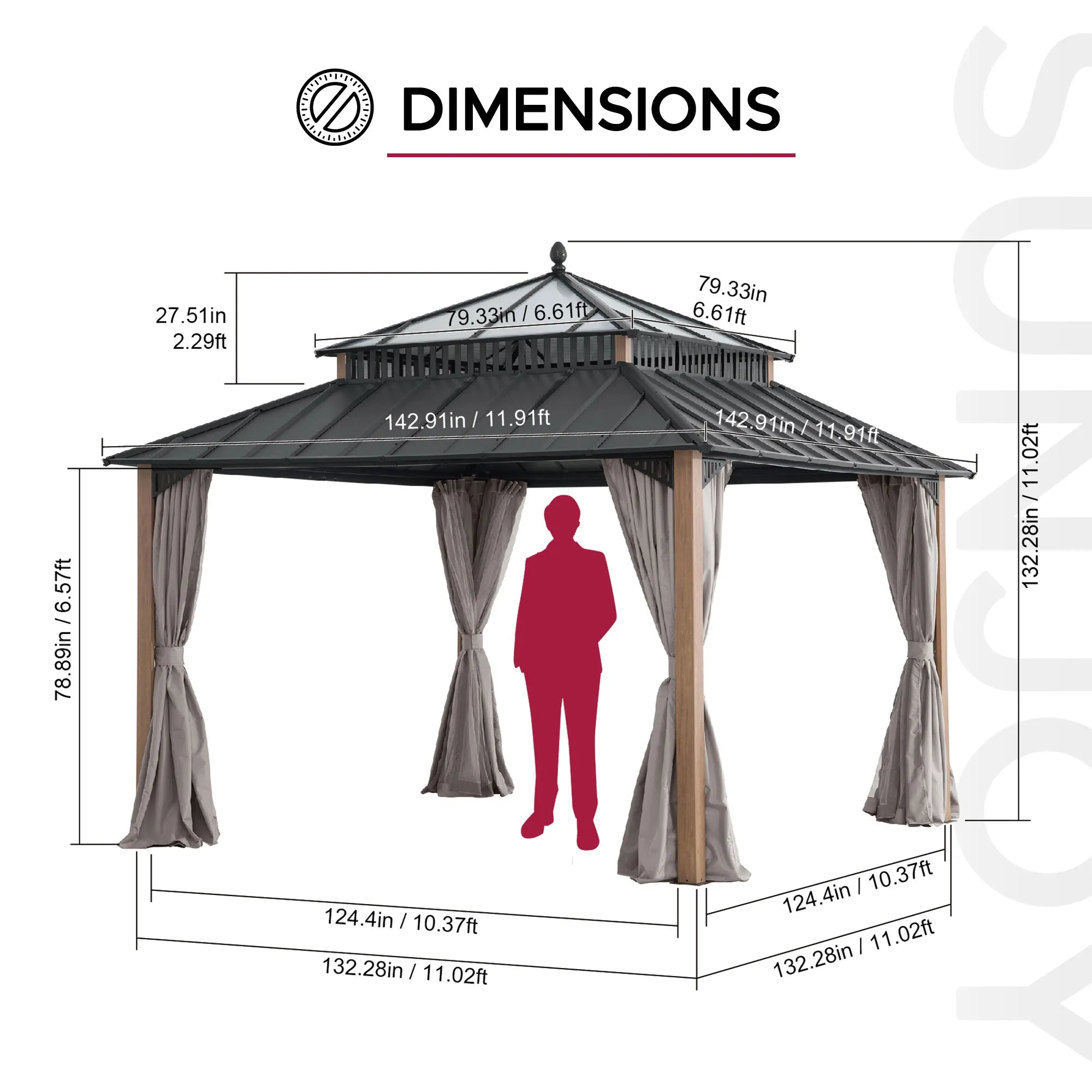 Mazonvintage Kingston 12x12 Gazebo with Netting & Curtain | Steel & PC Roof - Woodgrain Aluminum Posts