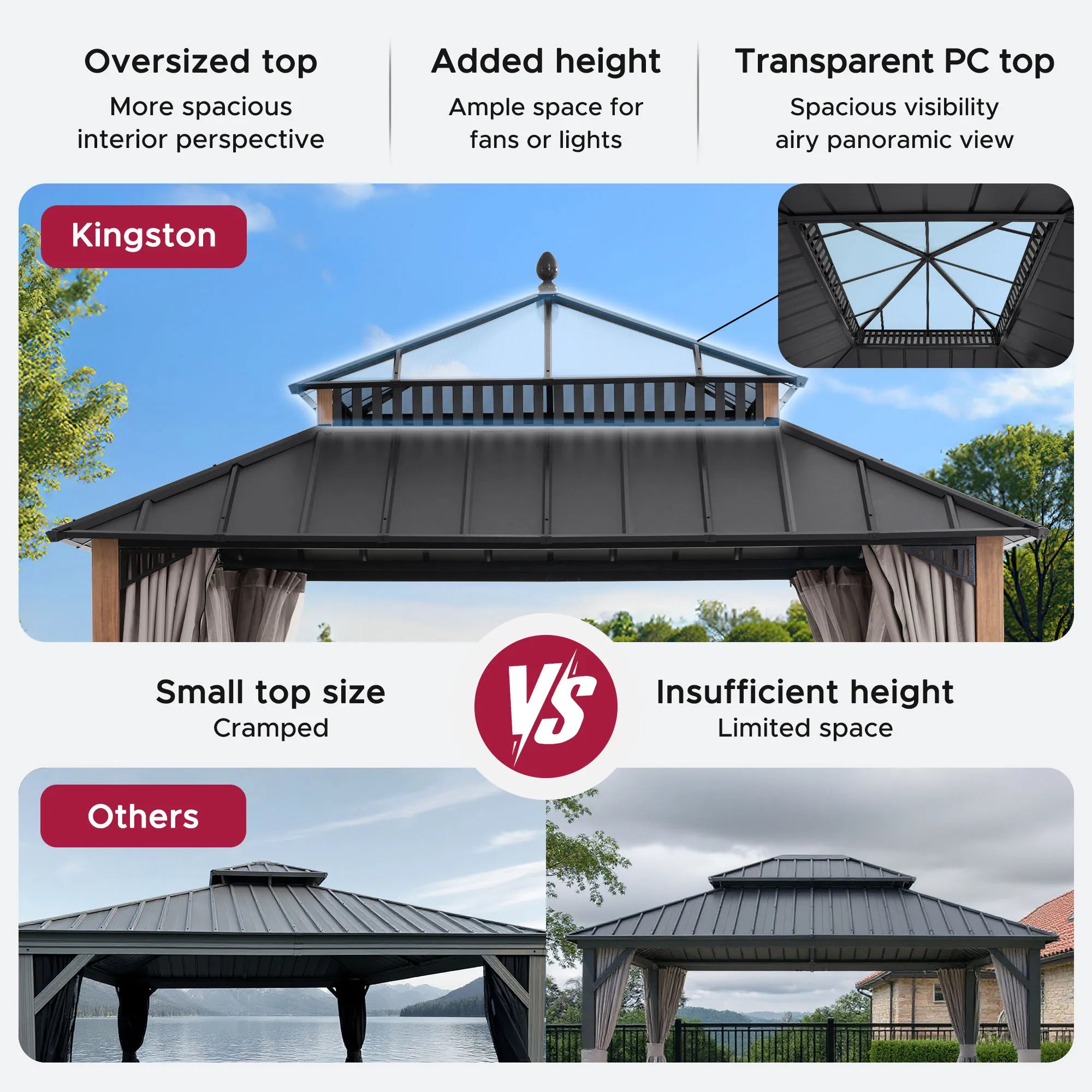 Mazonvintage Kingston 12x12 Gazebo with Netting & Curtain | Steel & PC Roof - Woodgrain Aluminum Posts