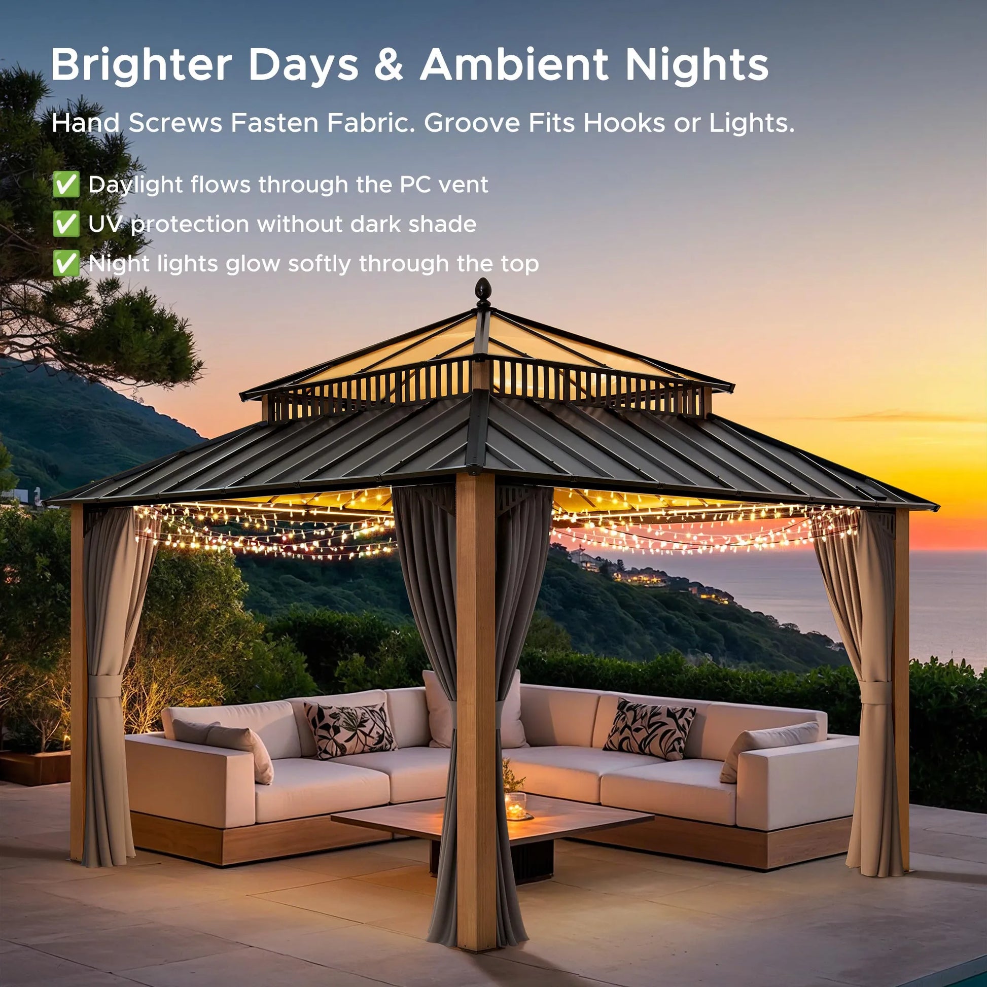 Mazonvintage Kingston 12x12 Gazebo with Netting & Curtain | Steel & PC Roof - Woodgrain Aluminum Posts