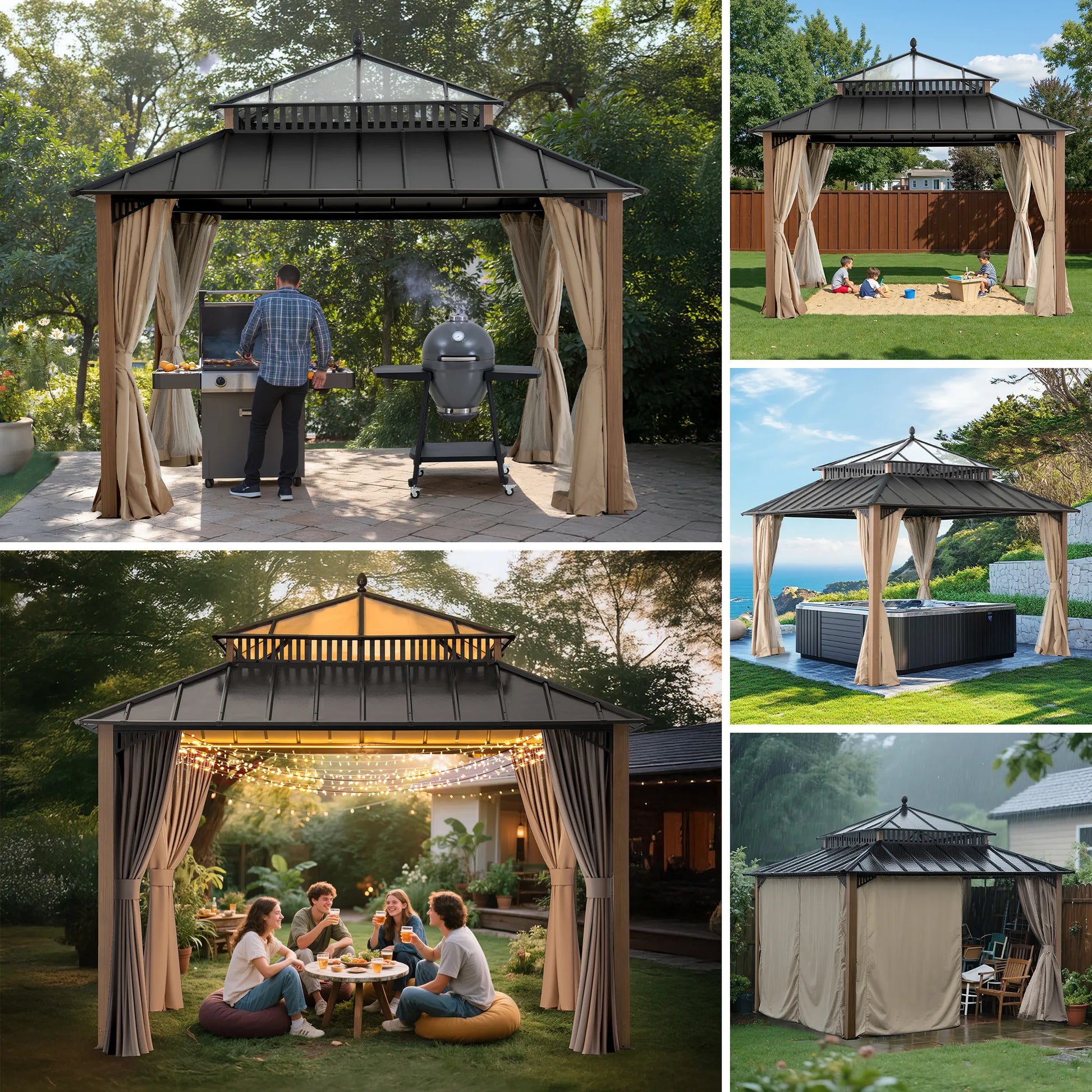 Mazonvintage Kingston 12x12 Gazebo with Netting & Curtain | Steel & PC Roof - Woodgrain Aluminum Posts
