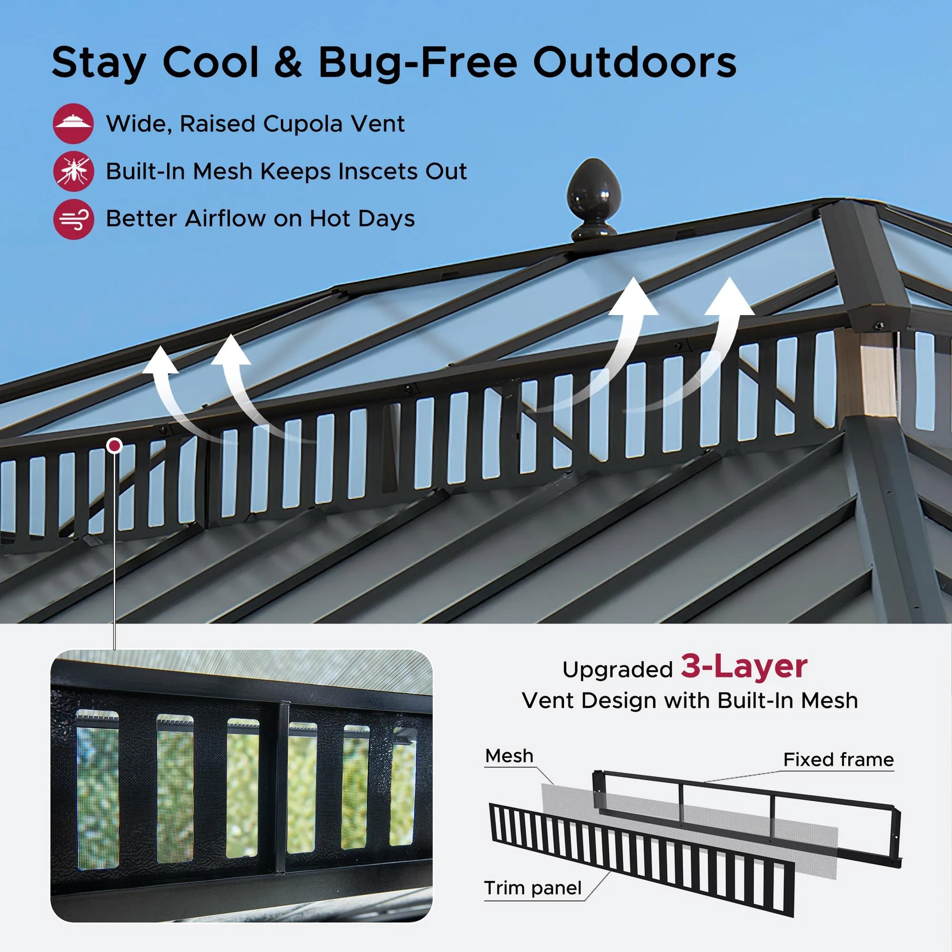 Mazonvintage Kingston 12x16 Gazebo with Netting & Curtain | Steel & PC Roof - Woodgrain Aluminum Posts