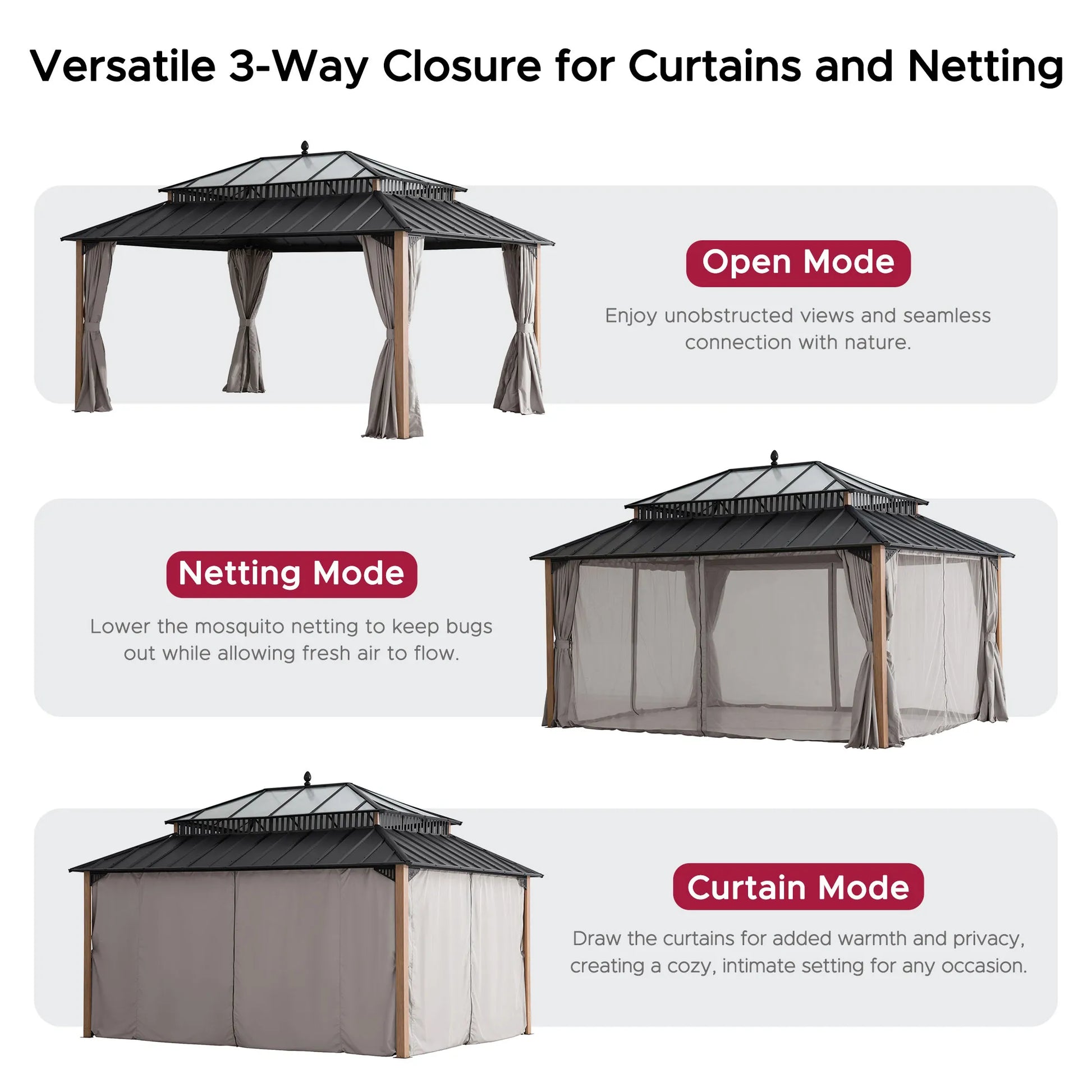 Mazonvintage Kingston 12x16 Gazebo with Netting & Curtain | Steel & PC Roof - Woodgrain Aluminum Posts