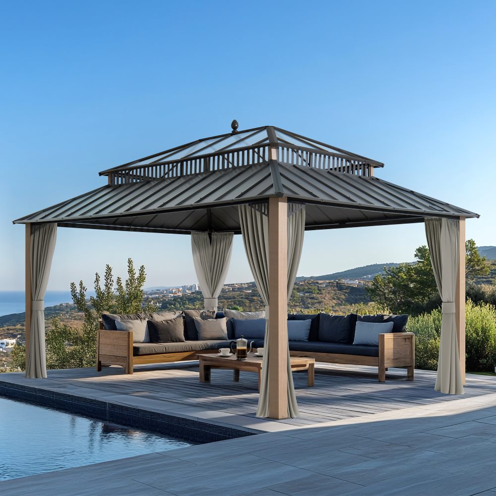 Mazonvintage Kingston 12x16 Gazebo with Netting & Curtain | Steel & PC Roof - Woodgrain Aluminum Posts