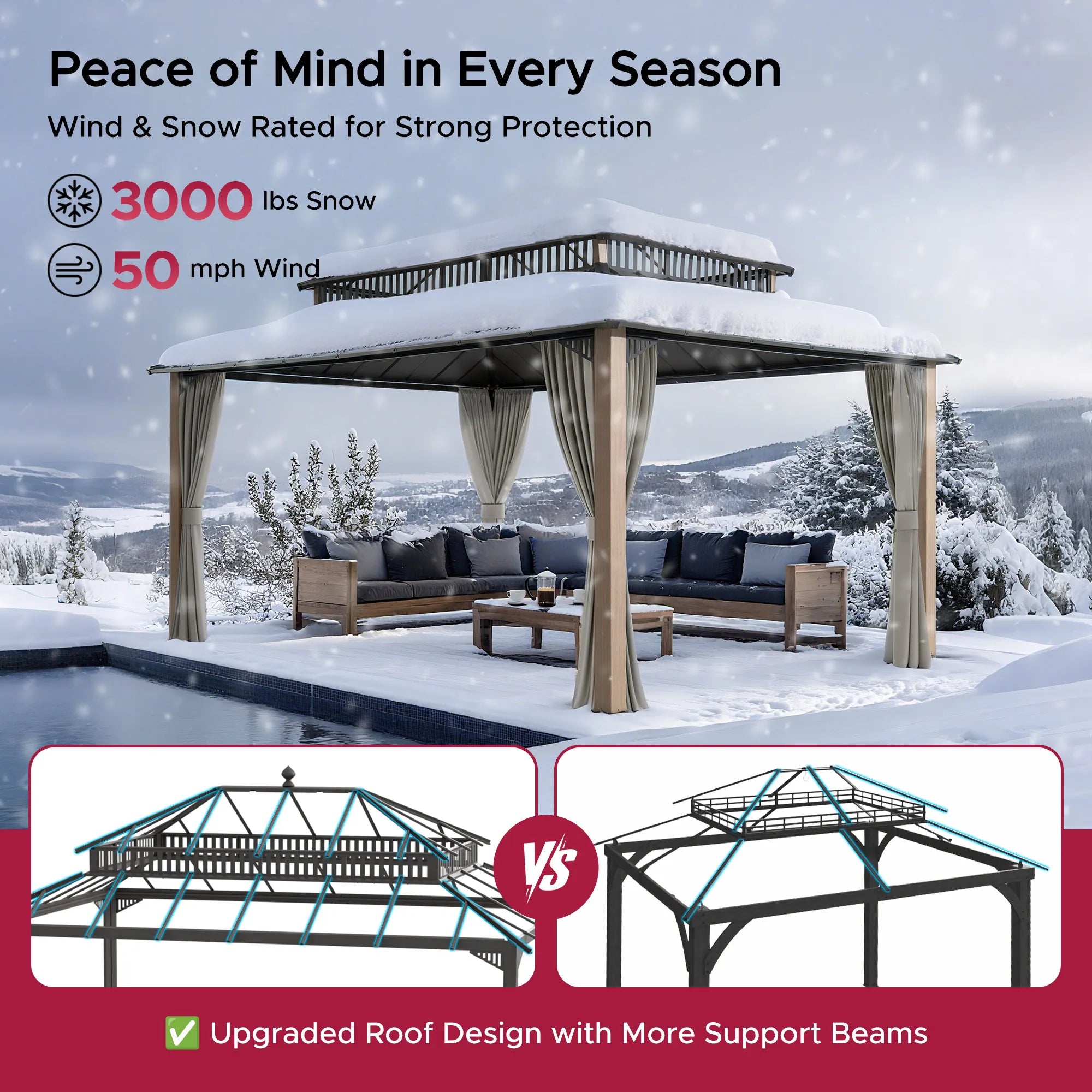 Mazonvintage Kingston 12x16 Gazebo with Netting & Curtain | Steel & PC Roof - Woodgrain Aluminum Posts
