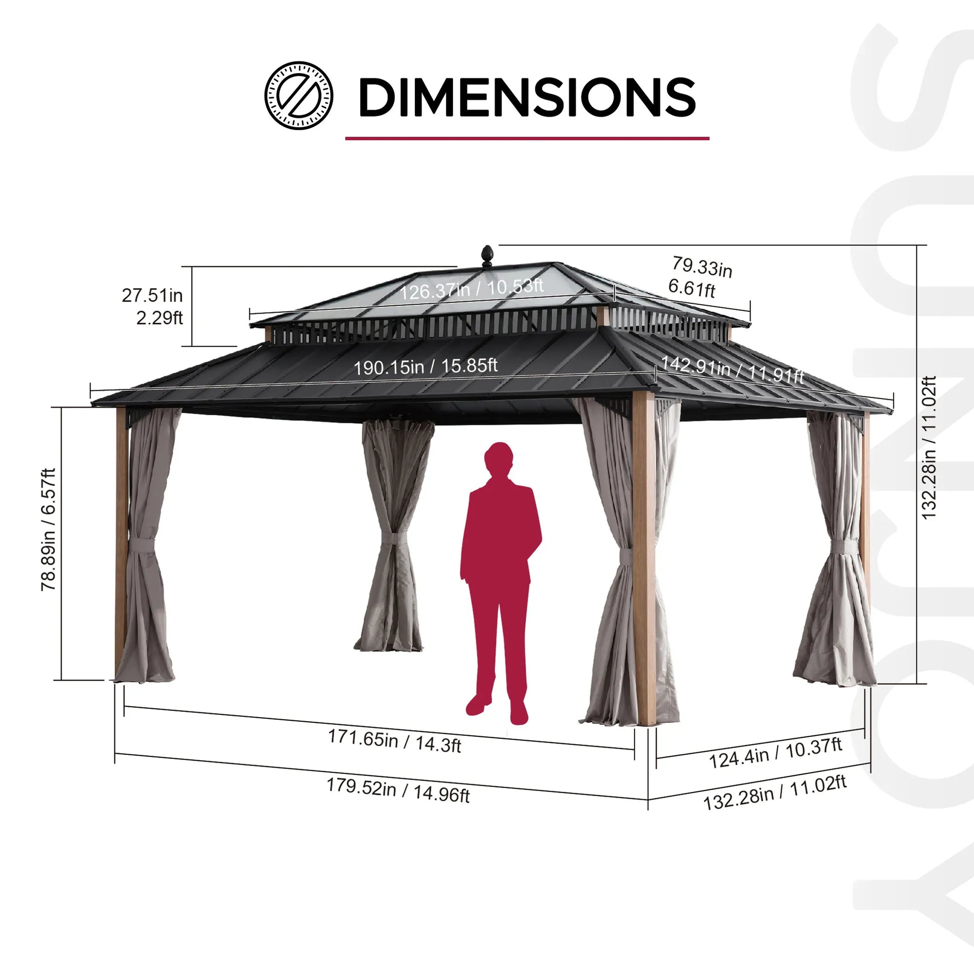 Mazonvintage Kingston 12x16 Gazebo with Netting & Curtain | Steel & PC Roof - Woodgrain Aluminum Posts