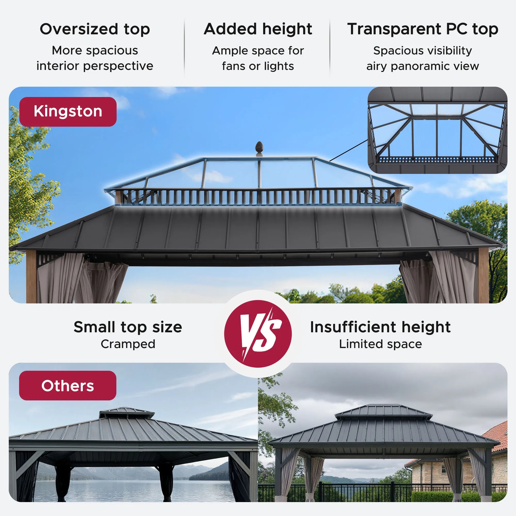 Mazonvintage Kingston 12x16 Gazebo with Netting & Curtain | Steel & PC Roof - Woodgrain Aluminum Posts