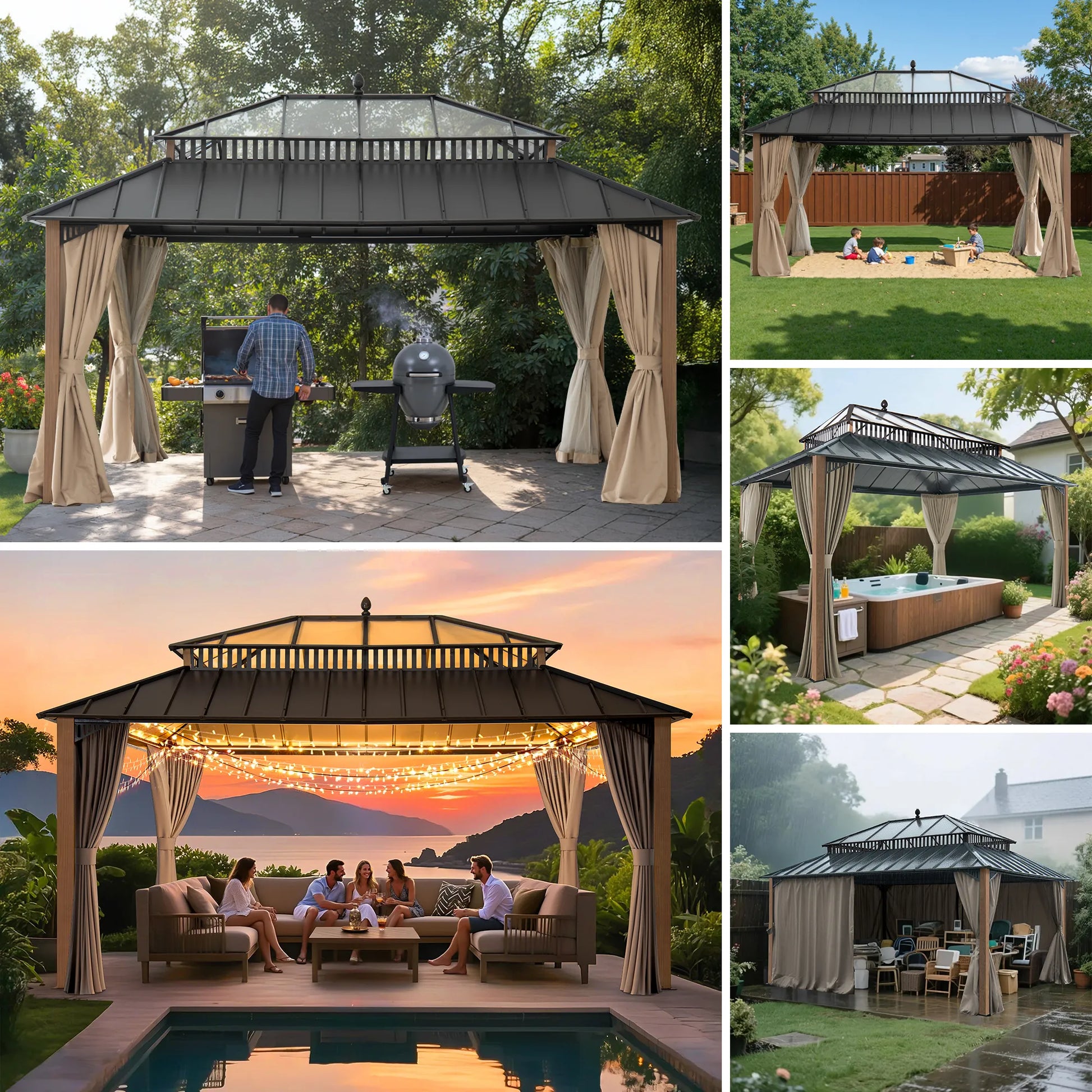 Mazonvintage Kingston 12x16 Gazebo with Netting & Curtain | Steel & PC Roof - Woodgrain Aluminum Posts