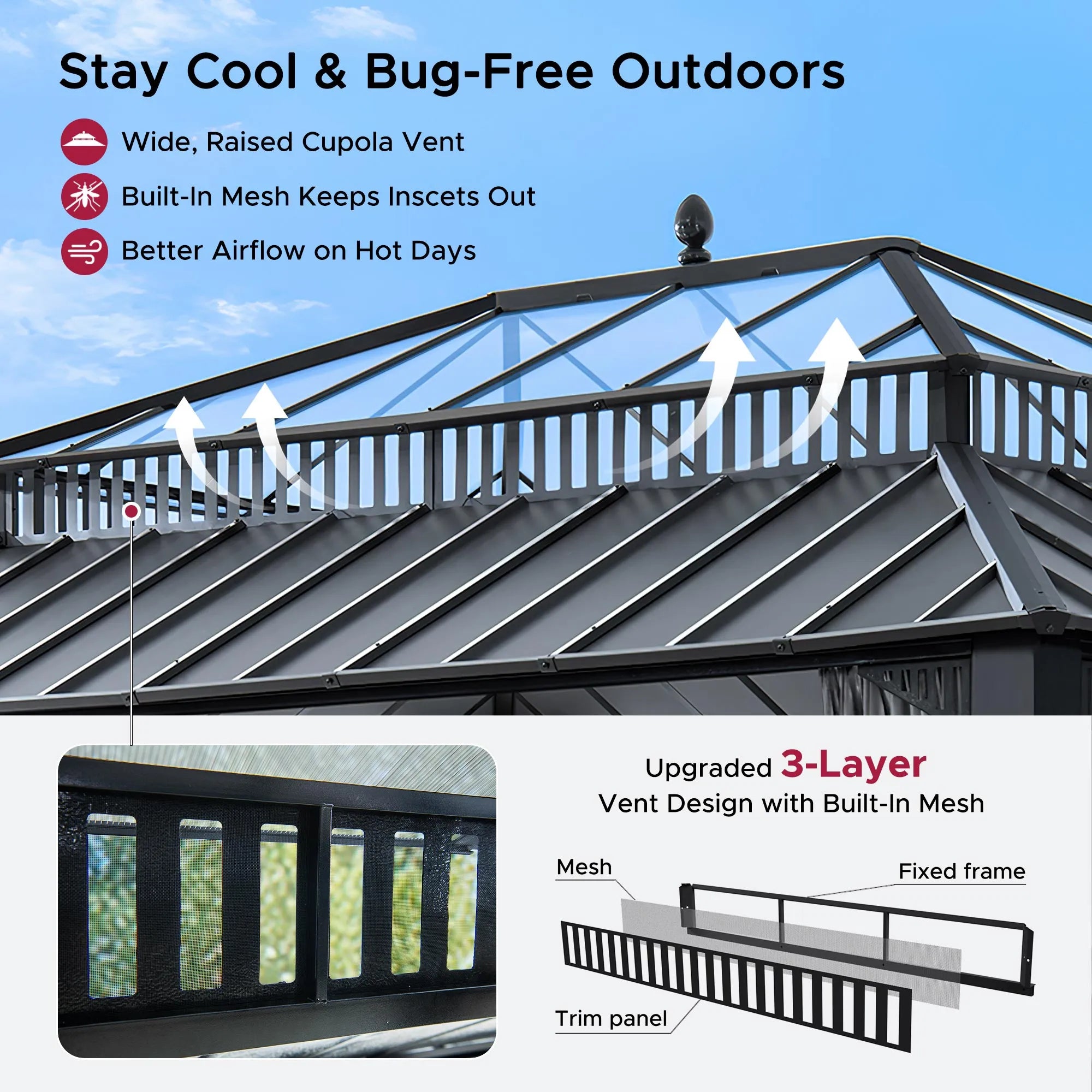 Mazonvintage Kingston 12x16 Gazebo with Netting & Curtain | Steel & PC Roof - Gray Aluminum Posts