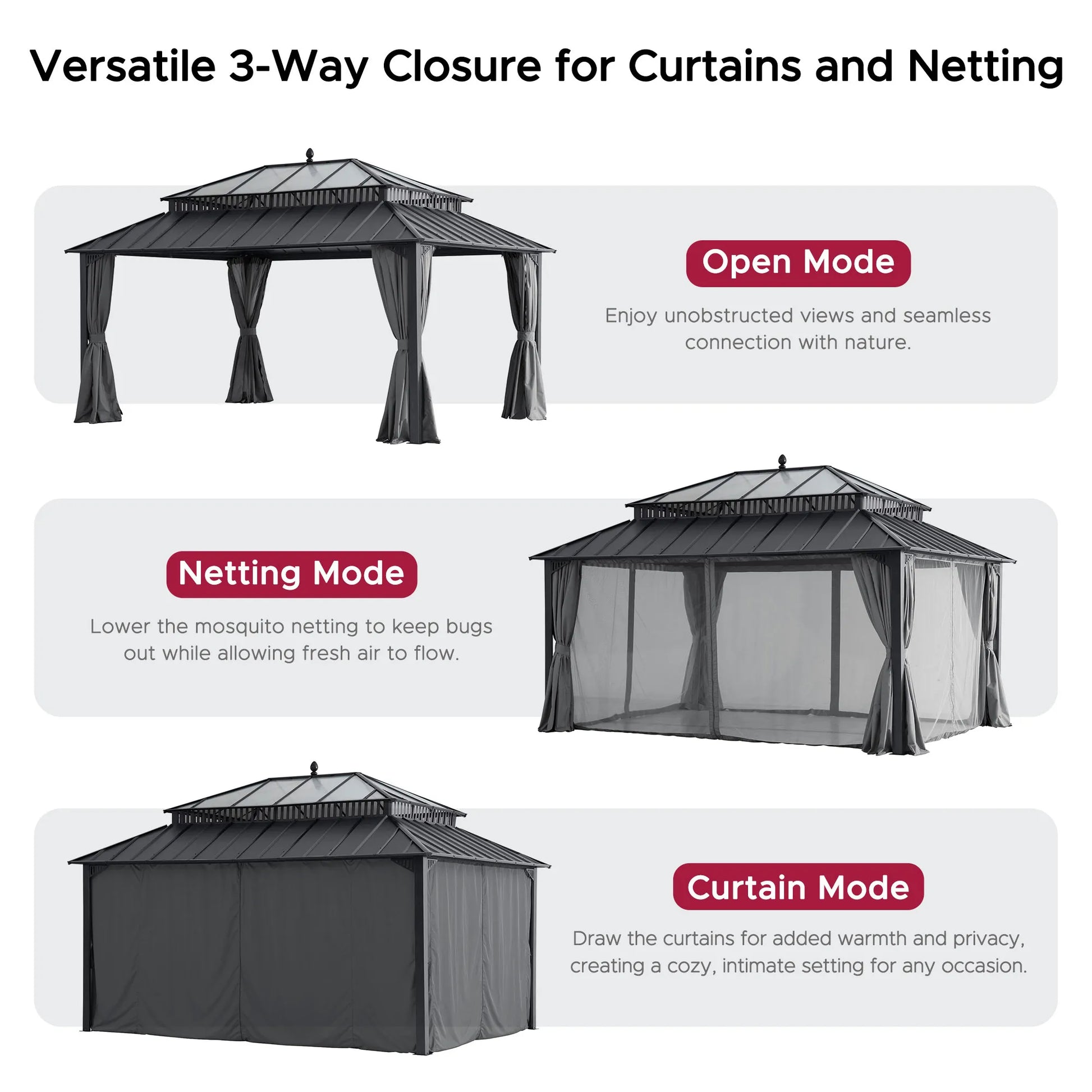 Mazonvintage Kingston 12x16 Gazebo with Netting & Curtain | Steel & PC Roof - Gray Aluminum Posts