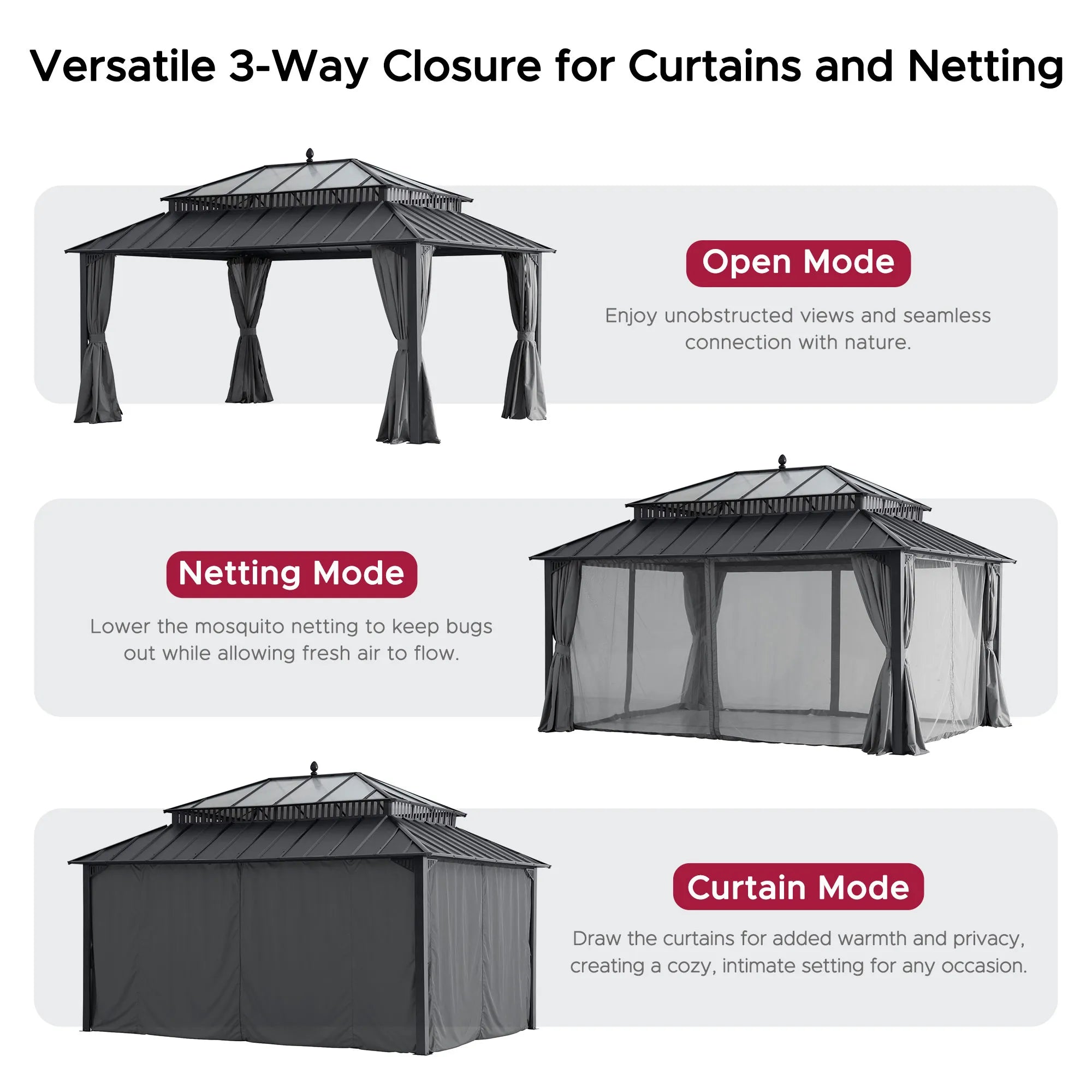 Mazonvintage Kingston 12x16 Gazebo with Netting & Curtain | Steel & PC Roof - Gray Aluminum Posts