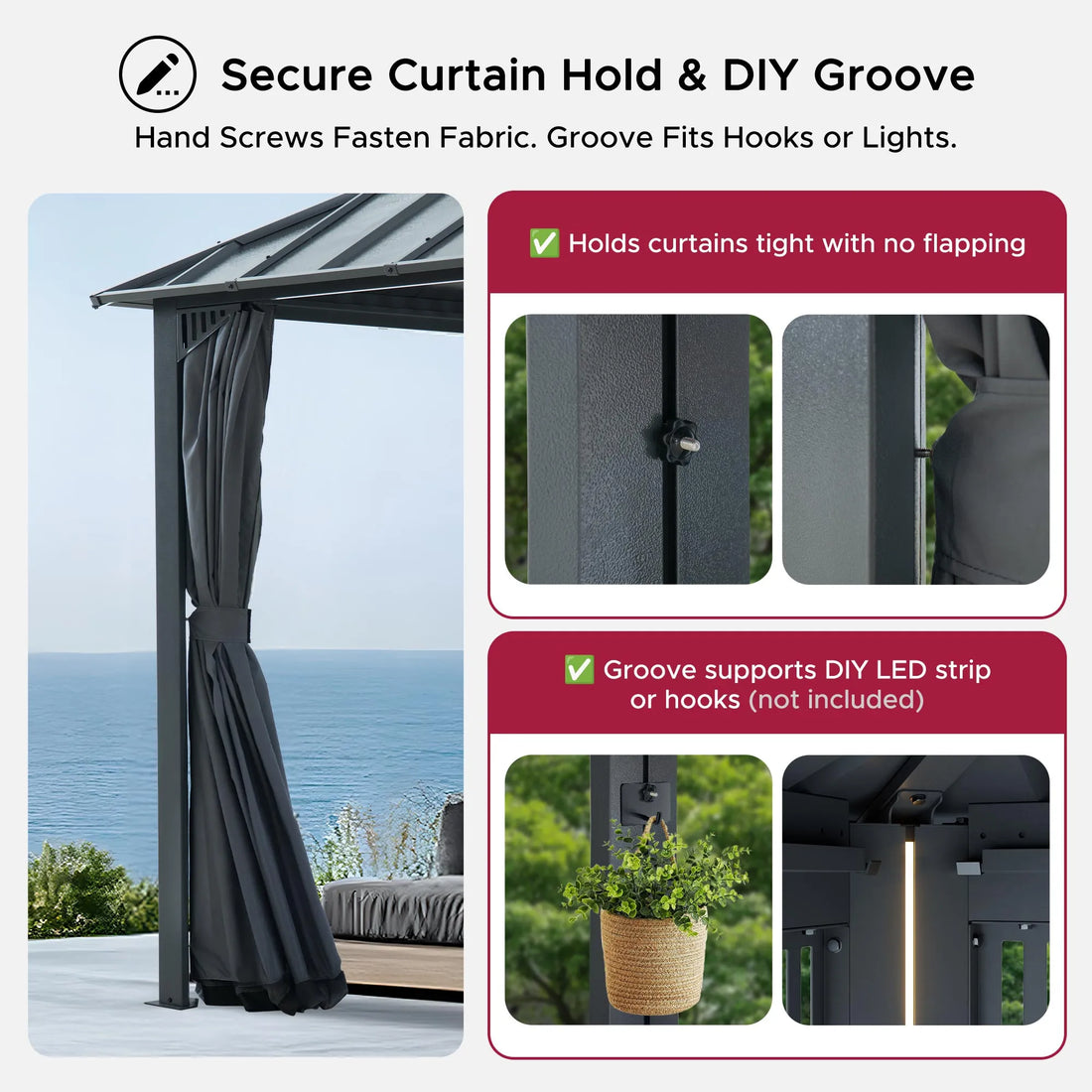 Mazonvintage Kingston 12x16 Gazebo with Netting & Curtain | Steel & PC Roof - Gray Aluminum Posts